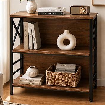 MNEETRUNG Book Shelf, Small 3-Tier Industrial Bookshelf with Strong Metal Frame & Backboard, 29.5" Short Bookcase for Small Spaces, Living Room, Bedroom and Home Office, Brown