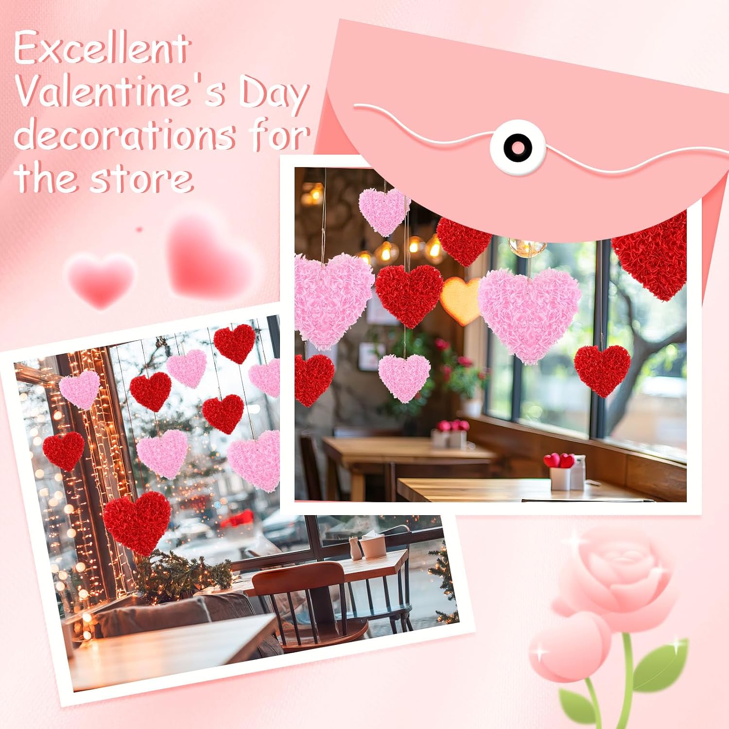 Gueevin 16 Pcs Valentine's Day Heart Decoration Hanging Tissue DIY Ornament Pink Red Love Tissue Pom Poms and Lanterns Set Pink Rose Heart Printed for Galentines Day Party Supplies