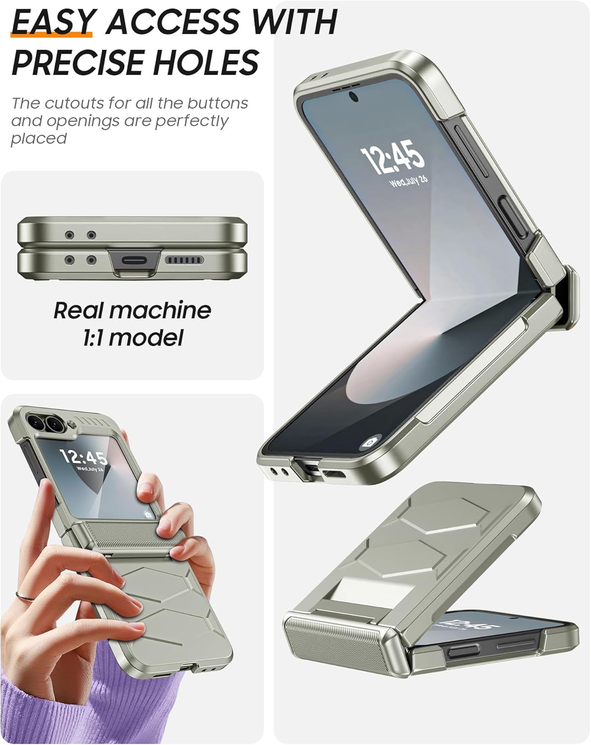 Vizvera for Samsung Galaxy Z Flip 6 Case with Hinge Protection, Built-in Screen Protector Shockproof All-Inclusive Phone Cover for Z Flip 6/Z Flip 7 FE-Natural Titanium