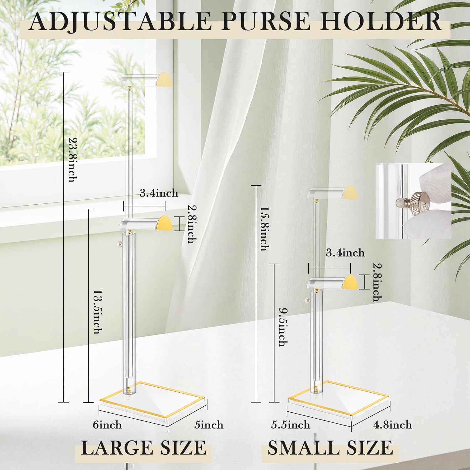 2 Pack Acrylic Handbag Display Stand, Gold Trim Clear Purse Holder 14"-24" Adjustable Height Thicken Anti-slip Base, Purse Rack Hanging Evening Bags Clutch Jewelry for Table Closet Retail Vendors - Image 4