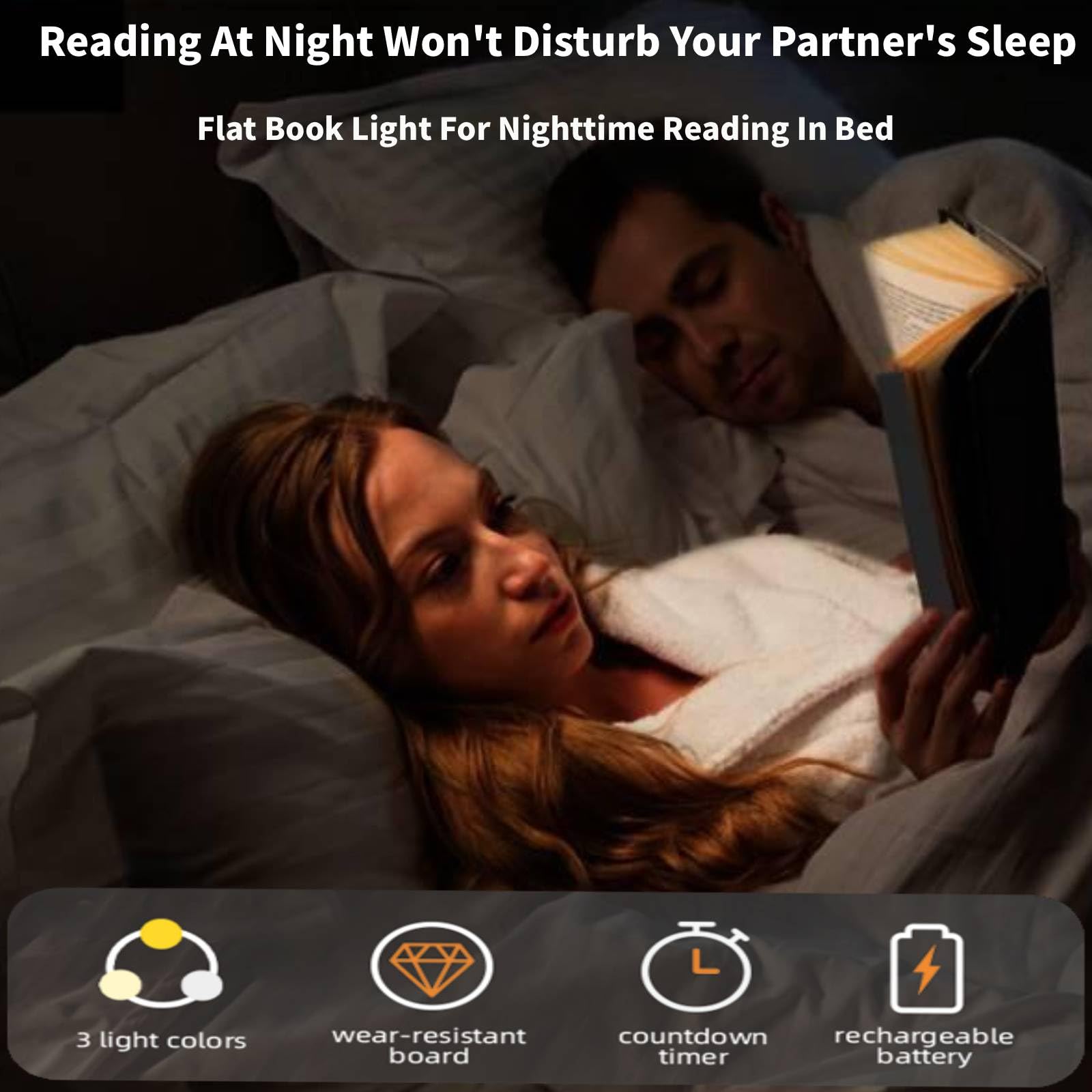 Buchlichter zum Lesen in der Nacht, wiederaufladbares LED-Leselicht mit 3 Farben und Timer, Augenschutz, dimmbar, Ganzseitenlampe, die den Schlaf Ihres Partners nicht stört