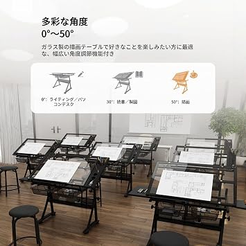 Drawing Table, Adjustable Height Drafting Table, Tempered Glass, Desktop Durable, Stable Structure, Includes Drawers and Stool, Multi-Functional Storage, Space Saving, Easy Installation, For