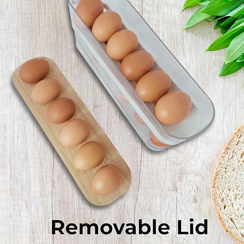 Miniatura 5 de Dispensador de 18 huevos para refrigerador, organizador duradero con tapa de madera, contenedor de almacenamiento de huevos que ahorra espacio