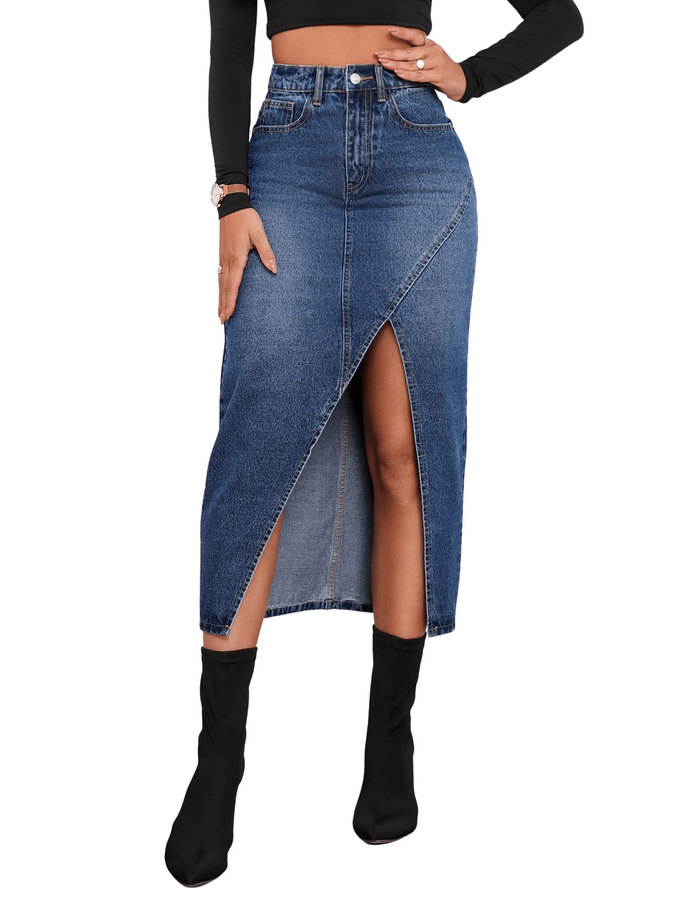 SweatyRocksWomen's Casual Denim Skirt High Waist Split Front Long Jean Skirts