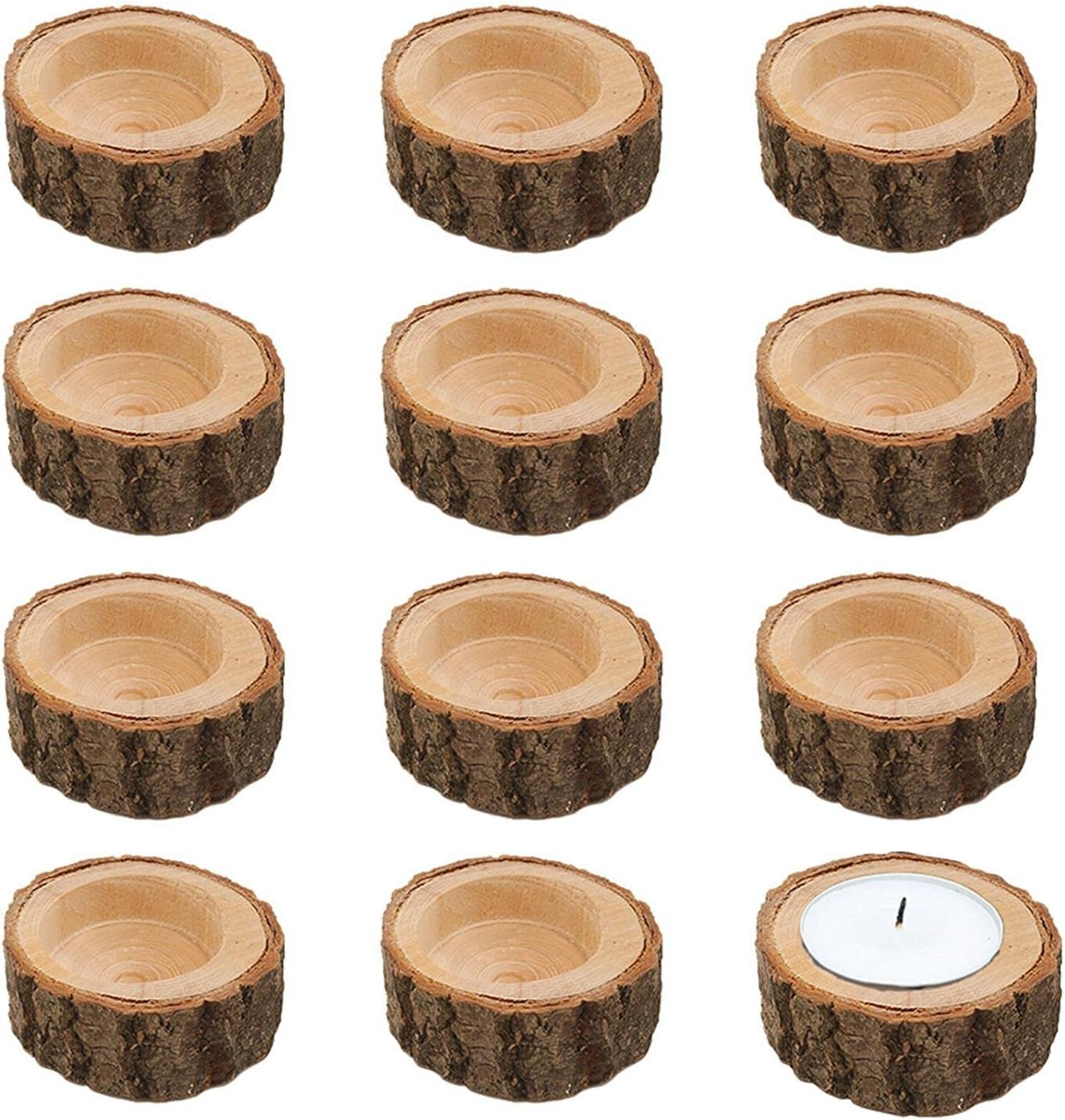 CALIDAKA 12PCS Rustic Wooden Votive Tea Light Holders for Weddings, Parties, Birthdays & Holiday Home Decor