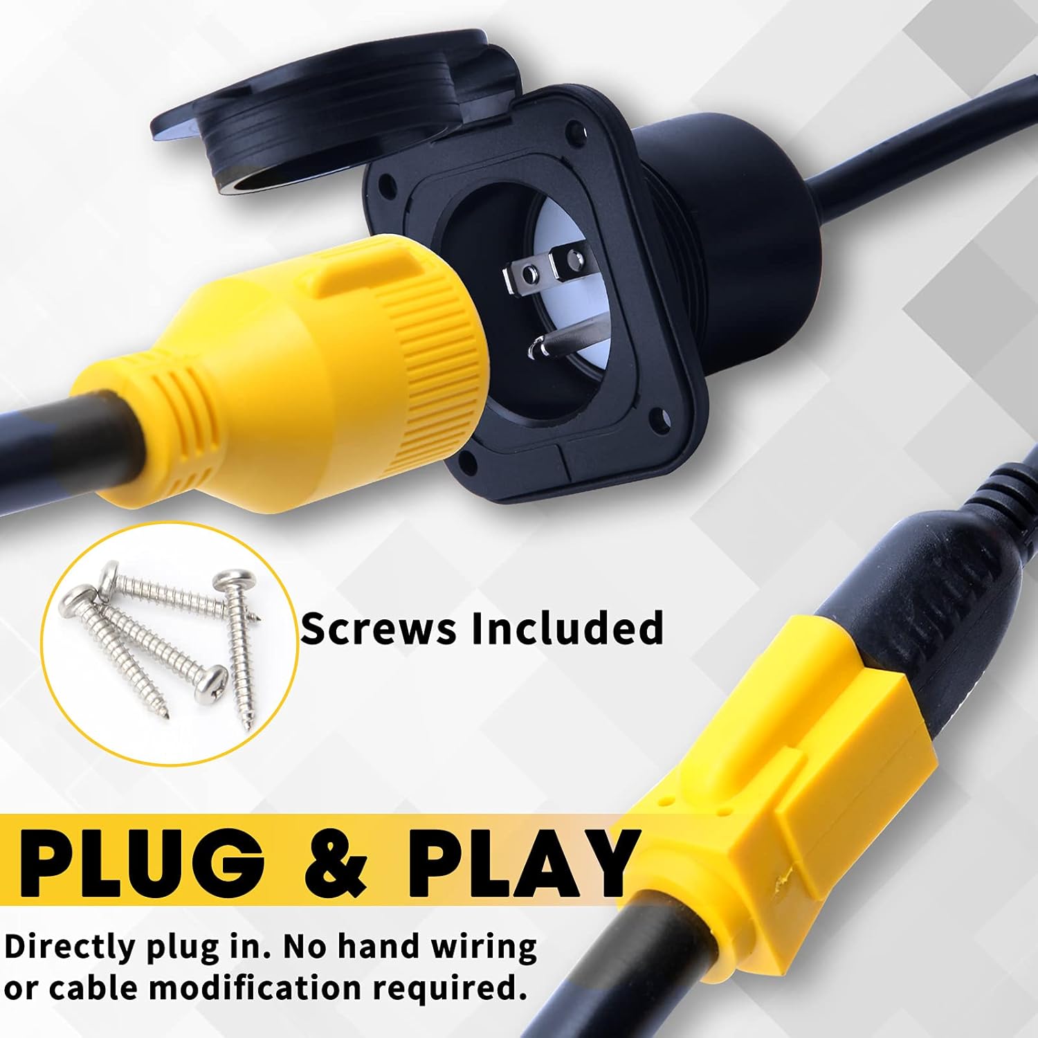 15 Amp Shore Power Plug, 110V 125V AC RV 15 Amp Power Flange Inlet Port Plug with Waterproof Cover & Extension Cord, NEMA 5-15P Inlet Socket Plug for RV Trailer Camper Marine Boat Van