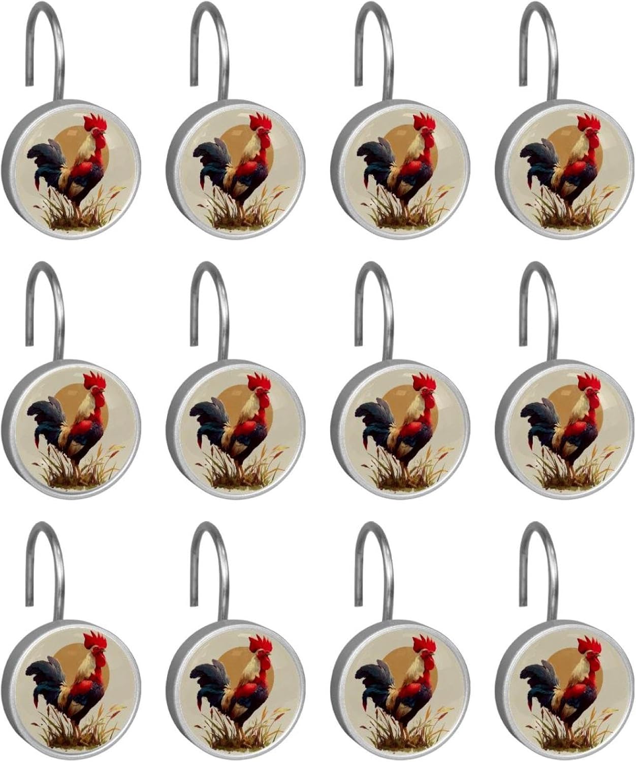 Rooster (2) Round Crystal Glass Decorative Shower Curtain Hooks with 3D Pattern Visual, Rust Proof Shower Curtain Rings-12 Pack