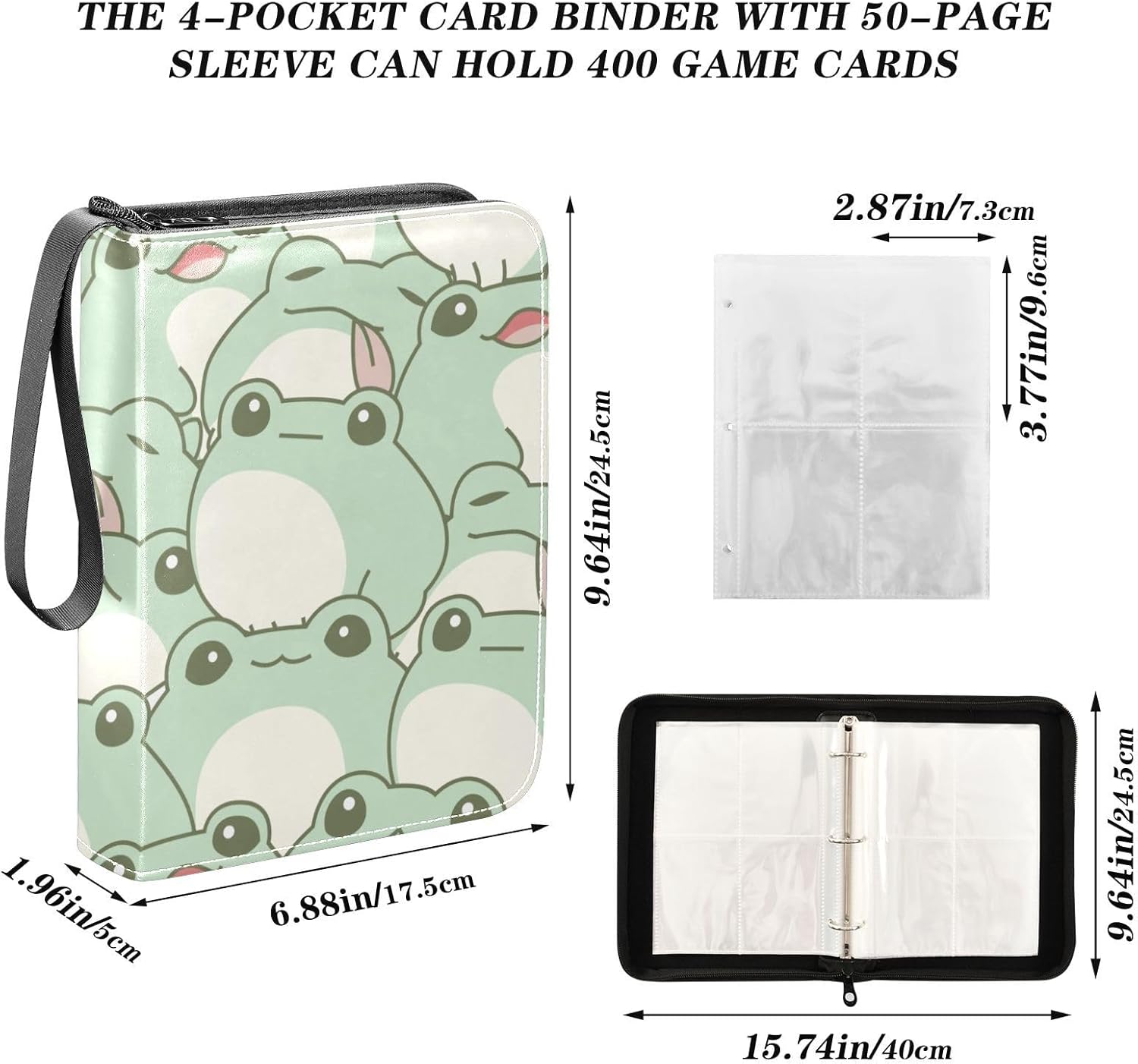 Cute Frog Pattern Binder 4-Pocket, 400 Pockets Trading Cards Holder Games Albums Storage Organizer Case for Football, Baseball