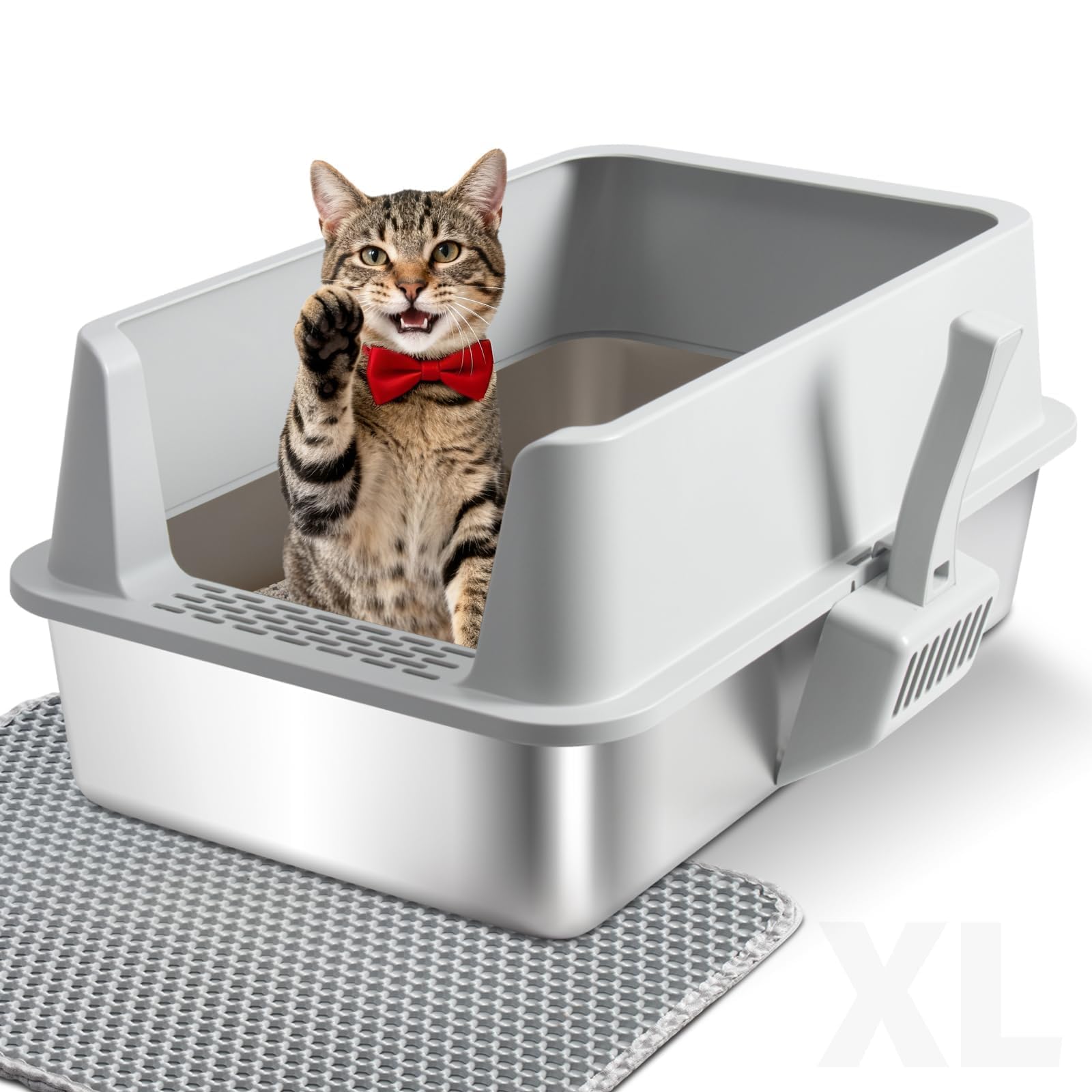 Stainless Steel Cat Litter Box, XL Metal Litter Box with High Sides Lid, Extra Large Cat Litter Boxes for Big Cats, Anti-Urine Leakage, Easy Cleaning, Odor Free, Non-Sticky, Include Scoop and Mat
