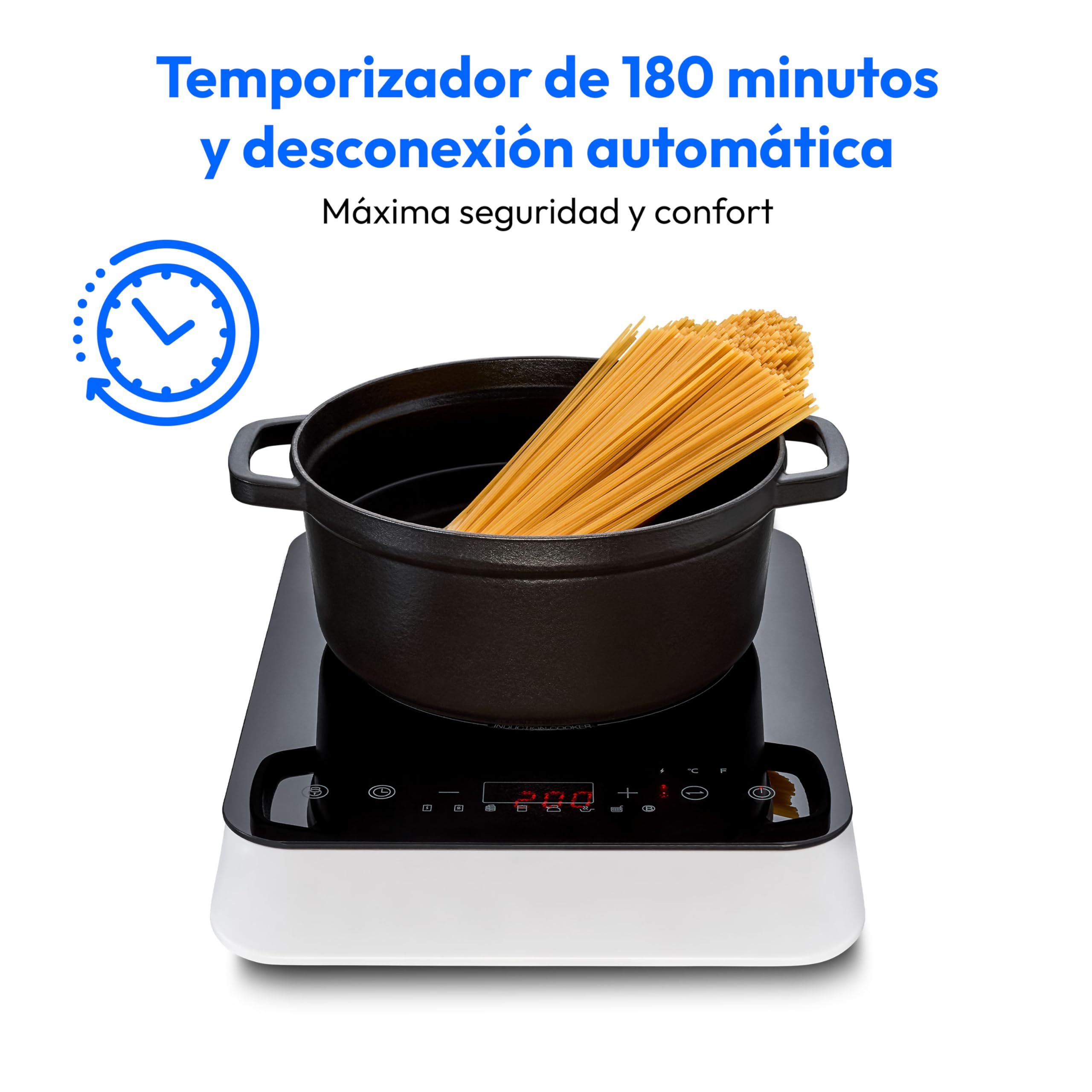 MEDION Placa de inducción (individual, 2000 vatios, placa de inducción, 8 programas automáticos, detección automática de ollas, sensor táctil, pantalla LED, 10 ajustes de temperatura, placa de cristal