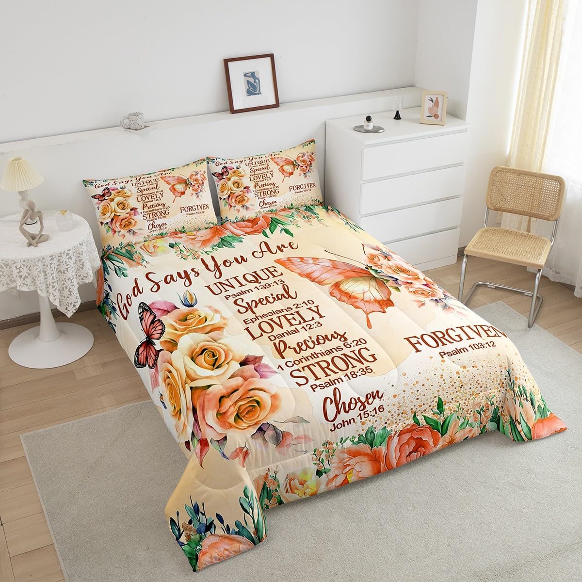 Erosebridal Boho Orange Butterfly Queen Comforter Set for Girls Inspirational Quotes Bedding Sets for Kids Teens Adults Rose Colorful Floral Quilt Bohemian Butterflies Chic Duvet Insert