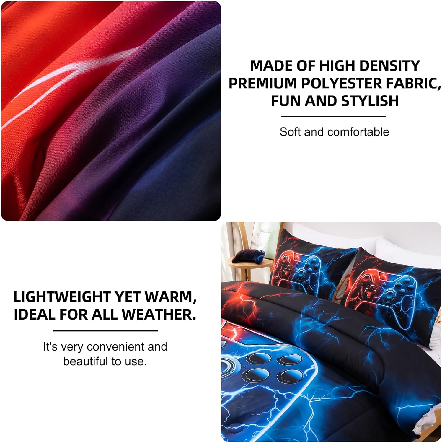 Meeting Story Gaming Bedding Set for Boys, 3D Game Controller Design with Lightning Background, Twin Gamer Bed Set, 5 Pieces Polyester Fiber Comforter Set Suitable for All Seasons(RedBlue)