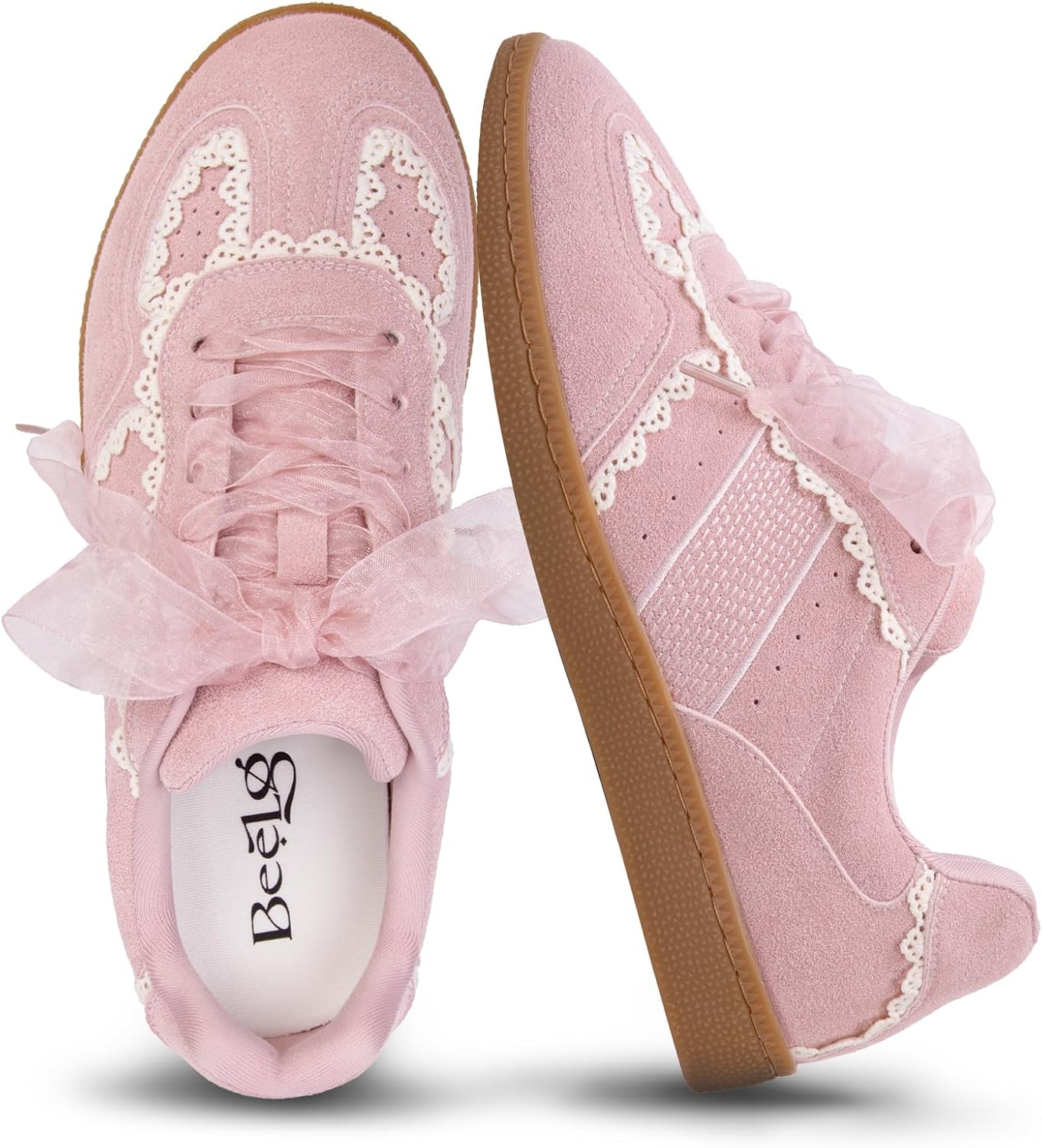 BeeLg Casual Sneakers for Women Lace Detail – Elegant Ribbon Lace-Up Fashion Sneakers with Leather Upper Memory Foam Insole and Slip On Trendy Casual Shoes for Women