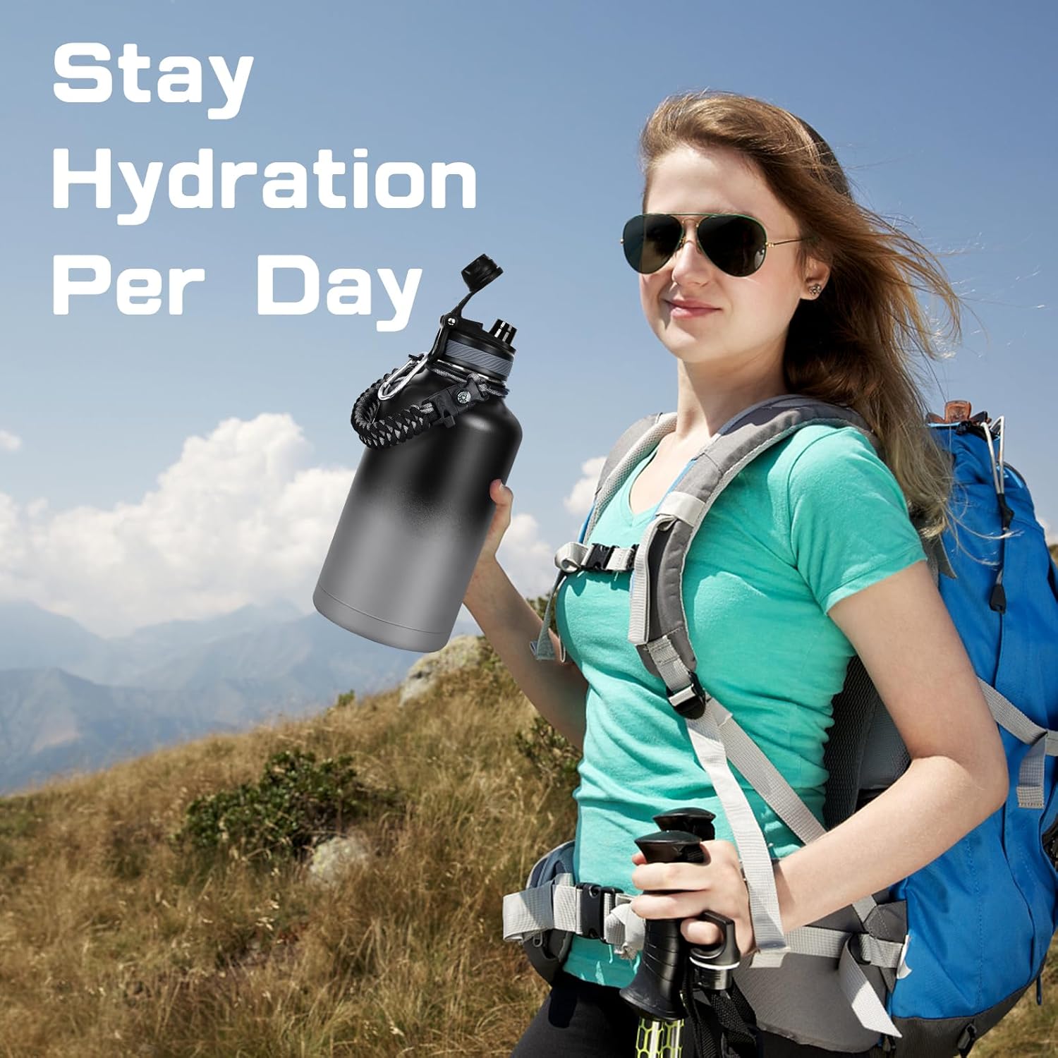 Insulated Water Bottle 64 oz, Half Gallon Water Jug Cold 48H, BPA Free Stainless Steel Bottles with Straw/Chug 2-in-1 Lid, Bag, Paracord Handle, Silicone Boot, Sports Gym School Metal Flask - Image 7