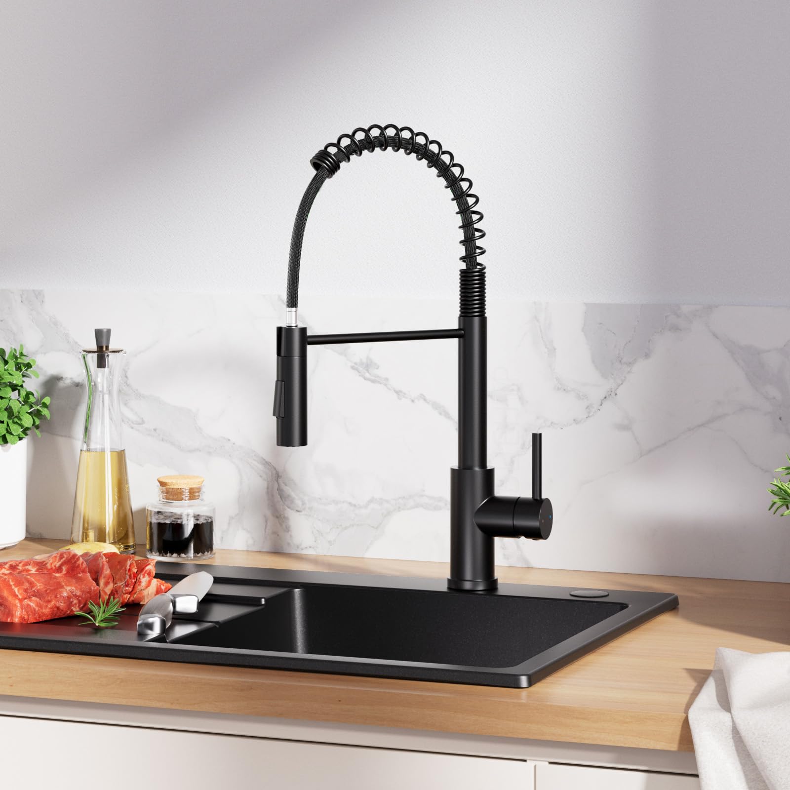 CECIPA Évier Granit Noir 70x45Cm Grand Bac, Robinet Avec Douche Extractible, Encastrable Pour Meuble 80Cm, Ensemble Vidange Inclus