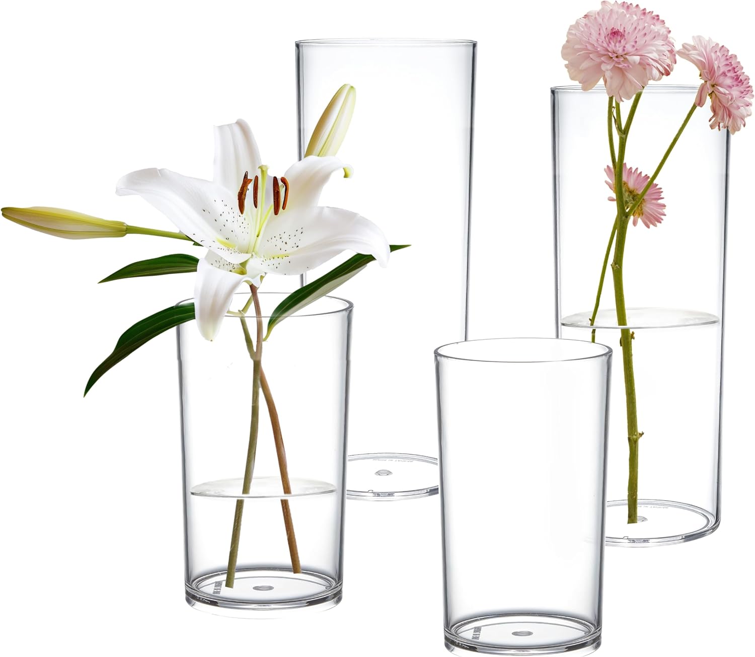 KLIFA- Carlsbad- Set of 4 Pieces, 6 & 9 Inch Tall, Plastic Cylinder Vases for Centerpieces, Acrylic Flower Vase for Wedding Centerpieces, Home Decorations, Clear