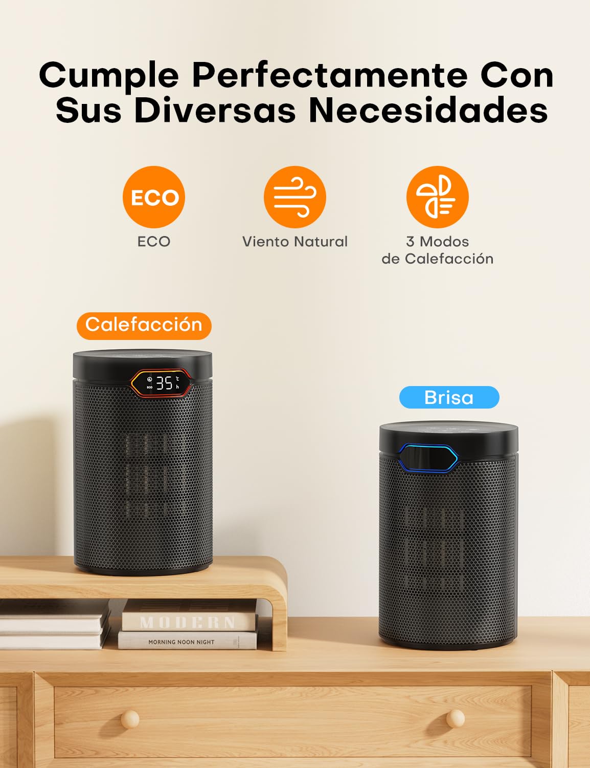 QEXREED Calefactor Bajo Consumo, 1500W, PTC, Modo ECO & Brisa, 4 Modos de Calor, Temporizador 24H, Termostato, Control Remoto, Protección Contra Sobrecalentamiento y Vuelcos, Hogar, Oficina
