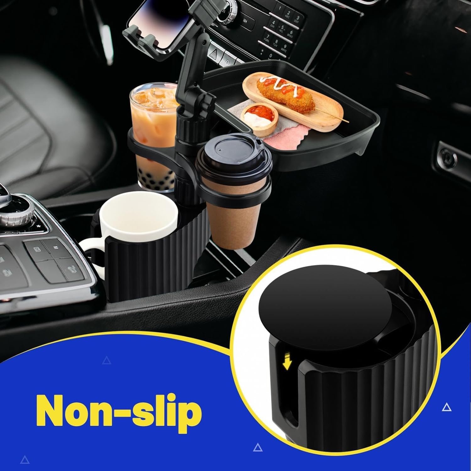 Car Cup Holder Tray - Adjustable Car Cup Holder Phone Mount with Food Tray 5 in 1 Swivel Expander for All Purpose, Automotive Extender Accessories Gifts for Auto Trucker Road Trip