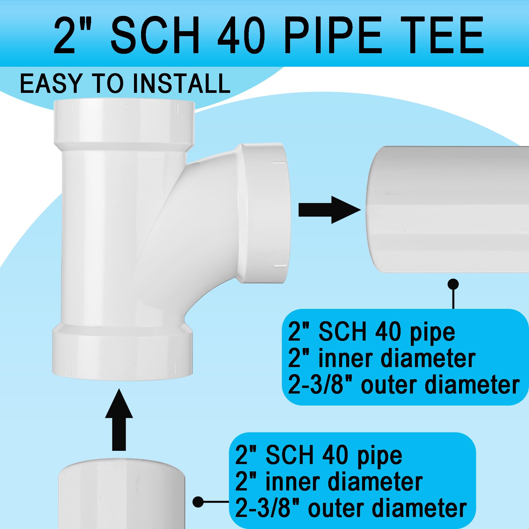 PPT-753 PVC-T-Stück, 5,1 cm (2 Zoll) PVC-T-Stück, T-Schedule 40, weiße Rohrverschraubungen, 10 Stück