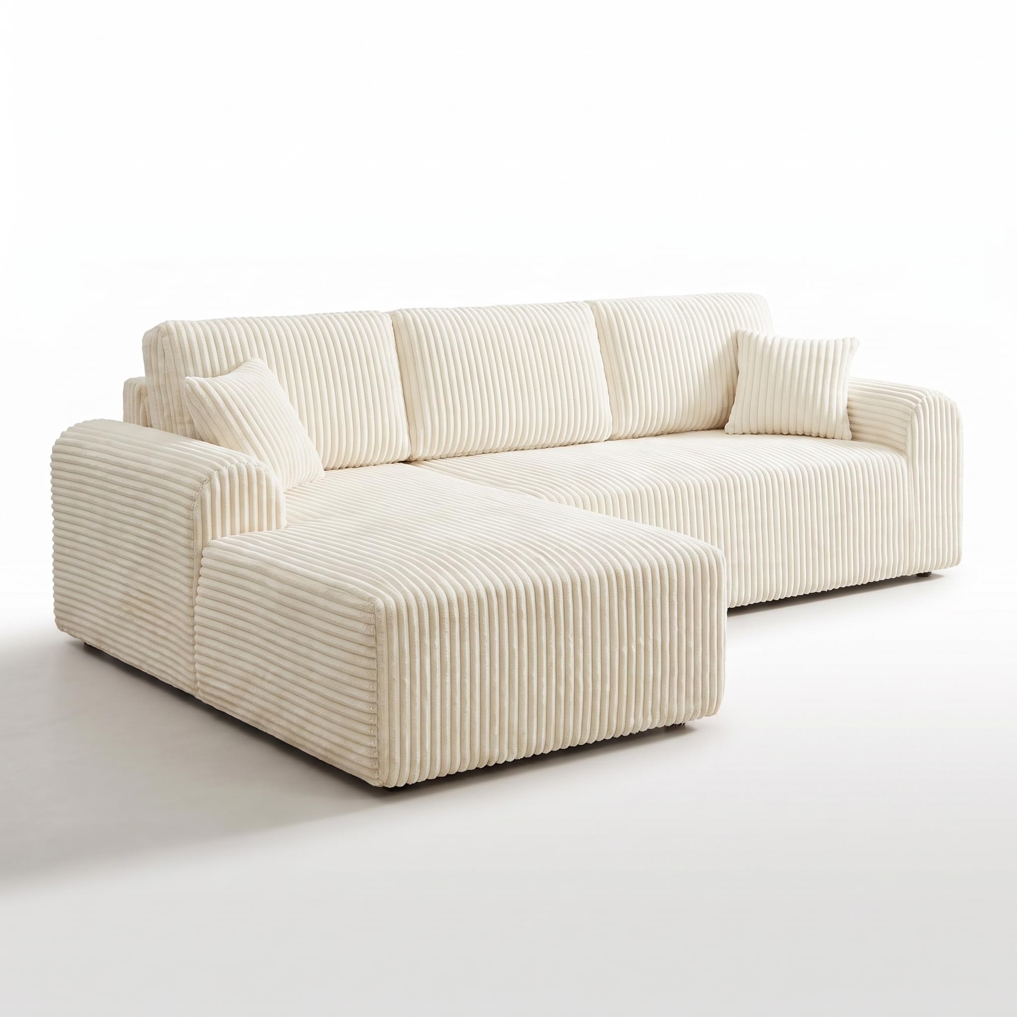 KEIKI 109" Corduroy L-Shaped Sectional Sofa with Right Chaise, White