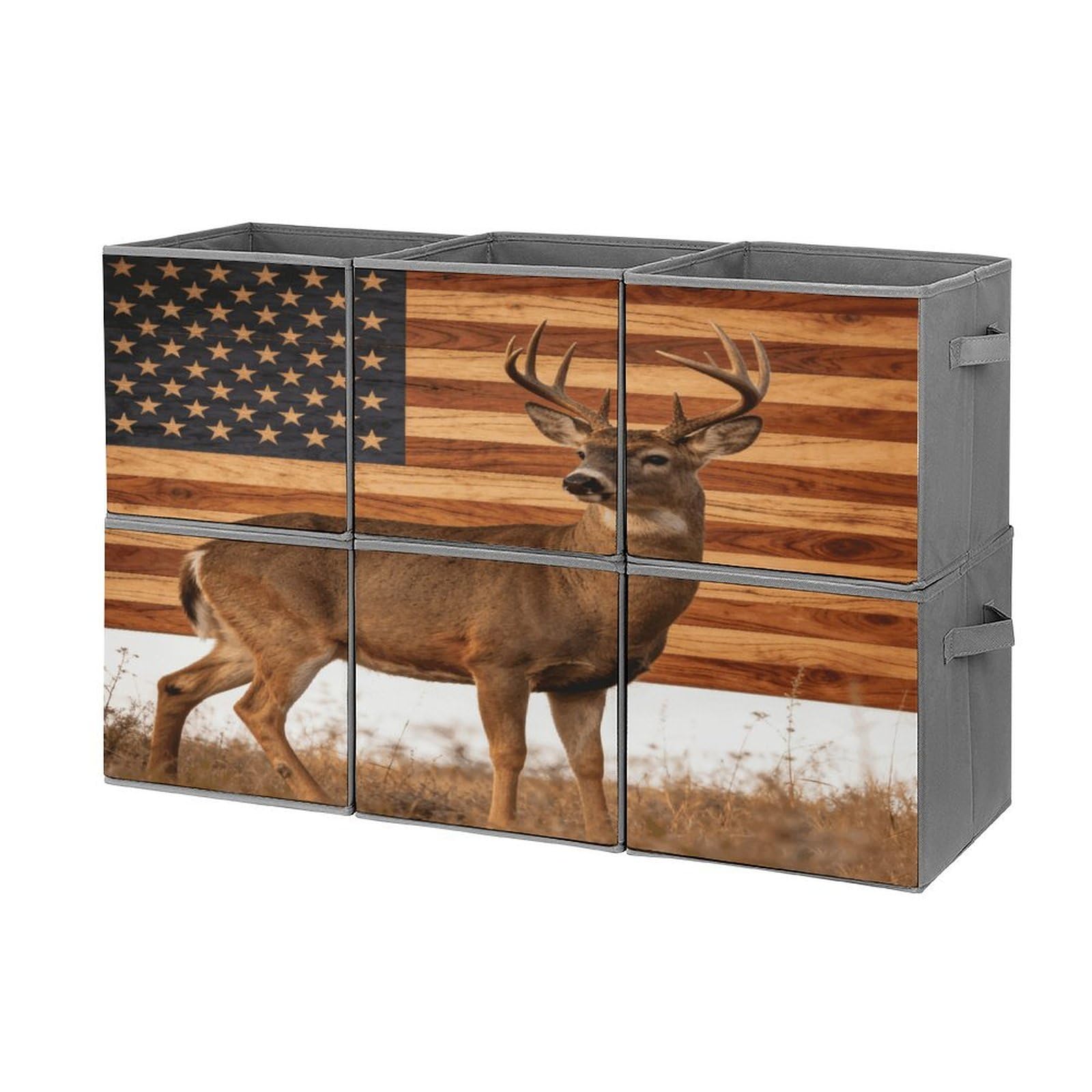 Fodpand Style Wood Grain American Flag Hunting Deer Cube Bins With Double Handles,Set Of 6 Cube Organizer, Stackable And Foldable Storage Bins For Organization, Closet, Shelves, Offices