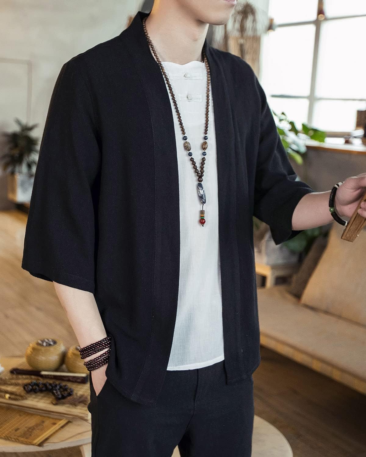 Men's Japanese Kimono Cardigan Loose Cotton Linen 3/4 Sleeve Open Front Casual Summer Shirt Jackets - Image 4