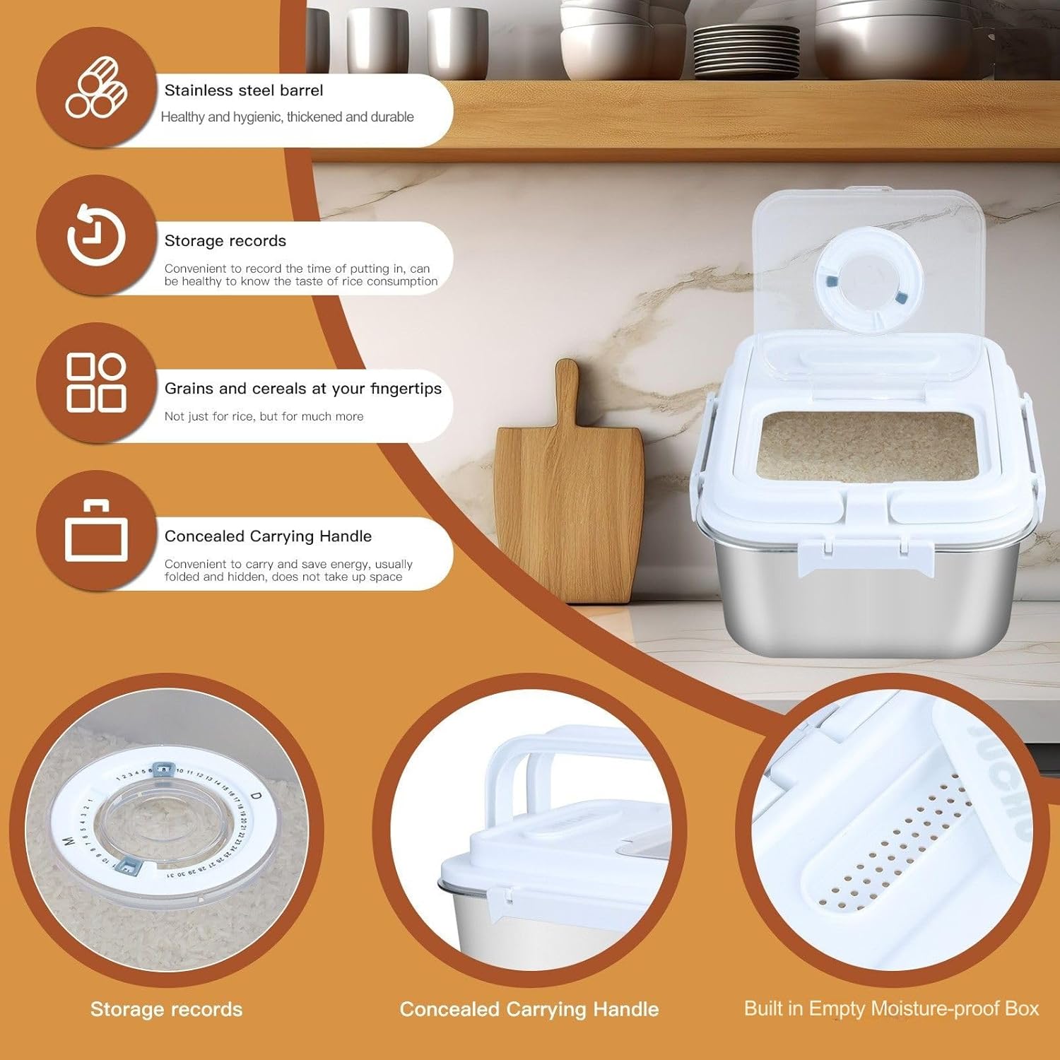 15Lbs Airtight Rice Container with Flip Lid, Stainless Steel Food Storage Container with Date Tracker, Measuring Cup and Spoon, 7.5L Portable Kitchen Pantry Bin for Flour Grain Sugar - Silver