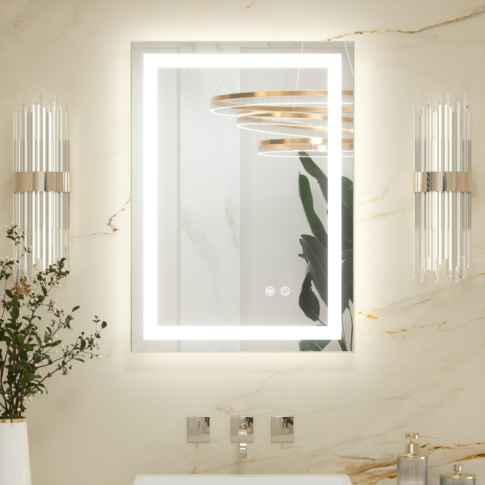 Keonjinn Badspiegel mit Beleuchtung 50x70cm, Badezimmerspiegel Beleuchtet Beschlagfrei Led Bad Spiegel mit Touch Schalter, 3 Lichtfarben Dimmbar Speicherfunktion Badezimmer Wandspiegel Ohne Rahmen