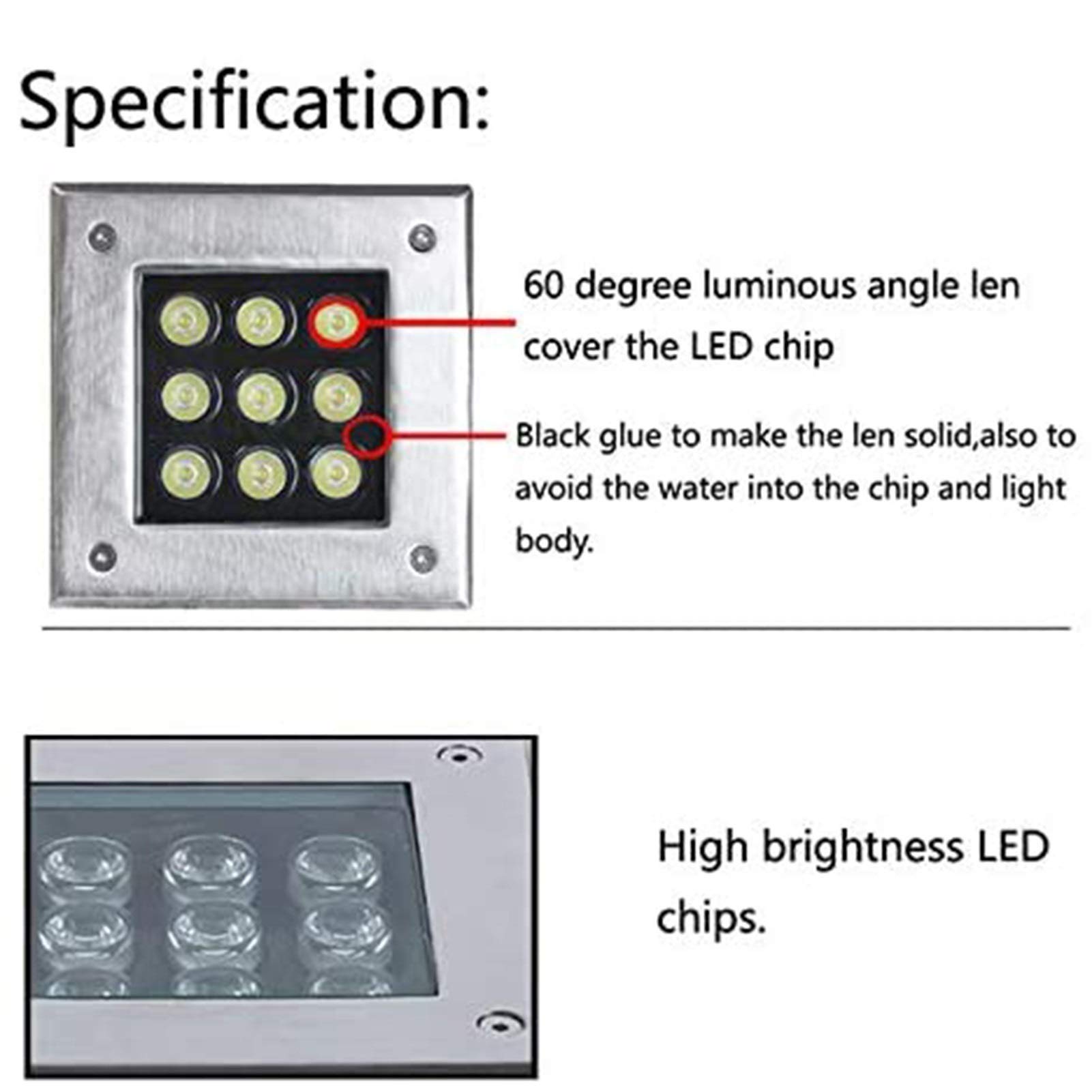 9W Faretto Esterno Pavimento, Piazza Faretti Calpestabili per Esterno, 12V/24V/220V Faretti ad Incasso Giardino, IP67 Impermeabile Pannello In Acciaio Inossidabile ( Colore : Bianco caldo , Misurare :