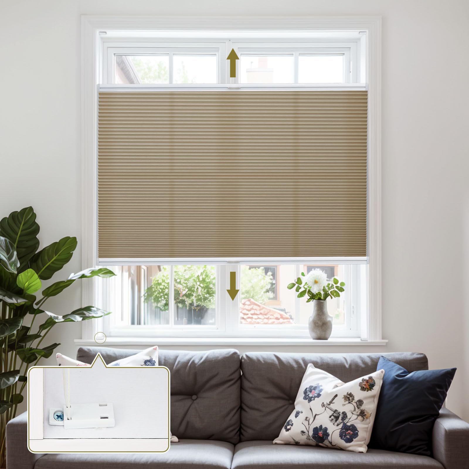 Moonice Cordless Honeycomb Pleated Blinds Light Filtering Top Down Bottom Up Cellular Blinds Easy Fit Install Inward-Opening Window Shade Heat Insulation Shades for Home Coffee, 50cm W x 120cm H