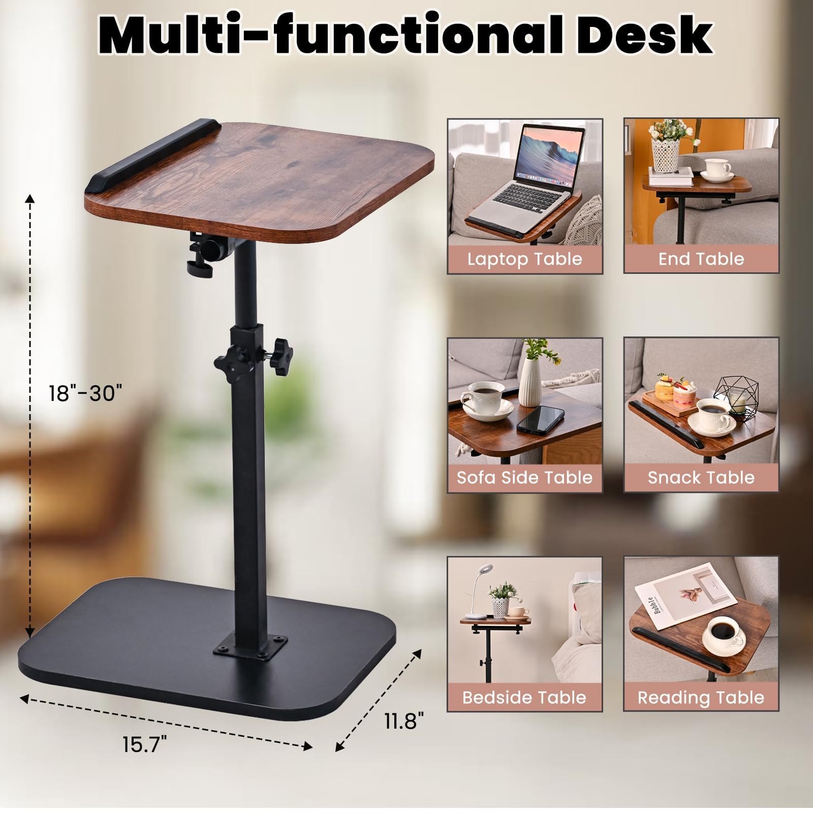 Mesa Auxiliar en Forma de C, Mesa Auxiliar giratoria de 360° en Altura Ajustable para Espacios pequeños, con Ranura para teléfono y Tableta de Noche para Cama y Sofá (Marrón rústico)