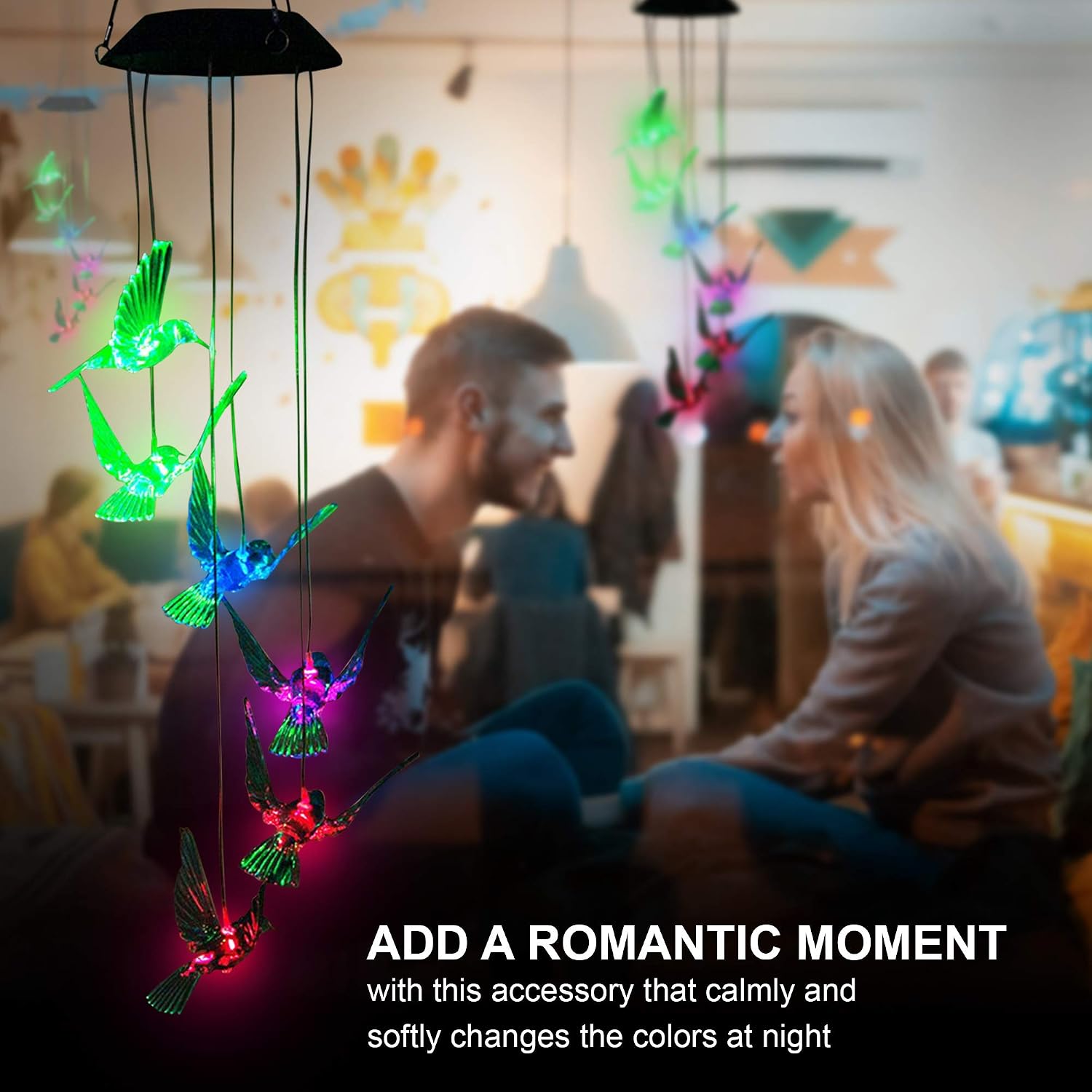 WeeCosy Wind Chimes Color-Changing Hummingbird LED Solar String Lights for Night Light, Garden, Festival, Décor and Party etc