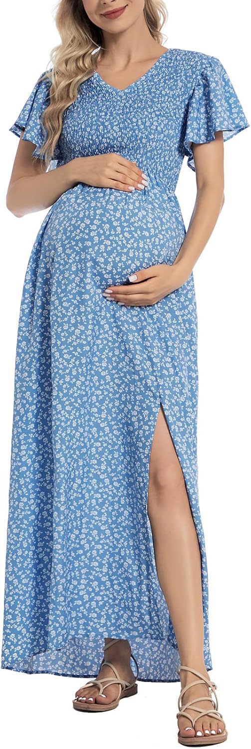 Floral Print V Neck Maternity Dress Boho Baby Shower Photoshoot Smocked Flutter Sleeve Split A Line Dress