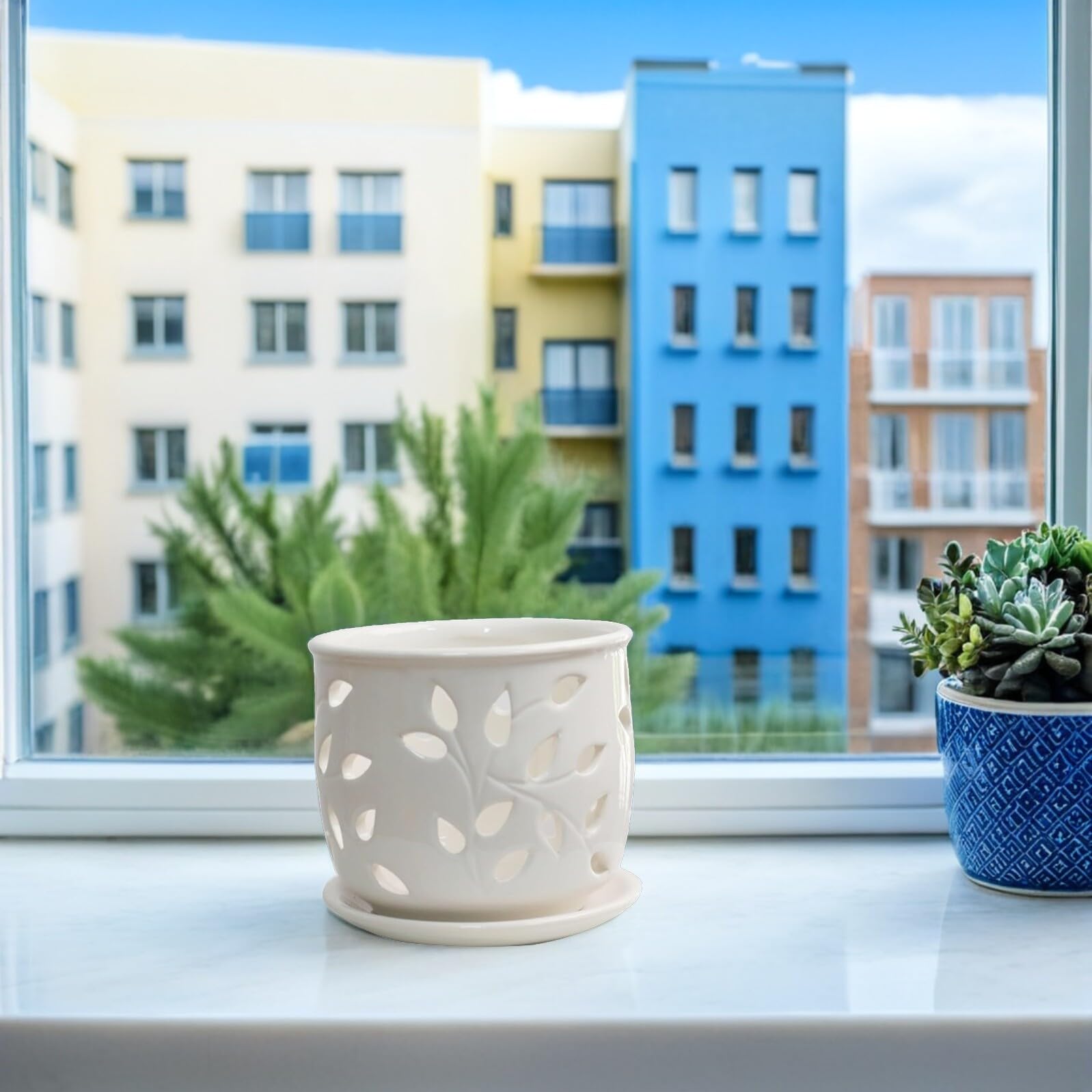 Biały Ceramiczny Doniczka z Otworami Doniczka Do Orchidei i Roślin Doniczkowych z Drenażem Do Wnętrz i Ogrodu Wspiera Zdrowy Wzrost Korzeni i Łatwą Pielęgnację