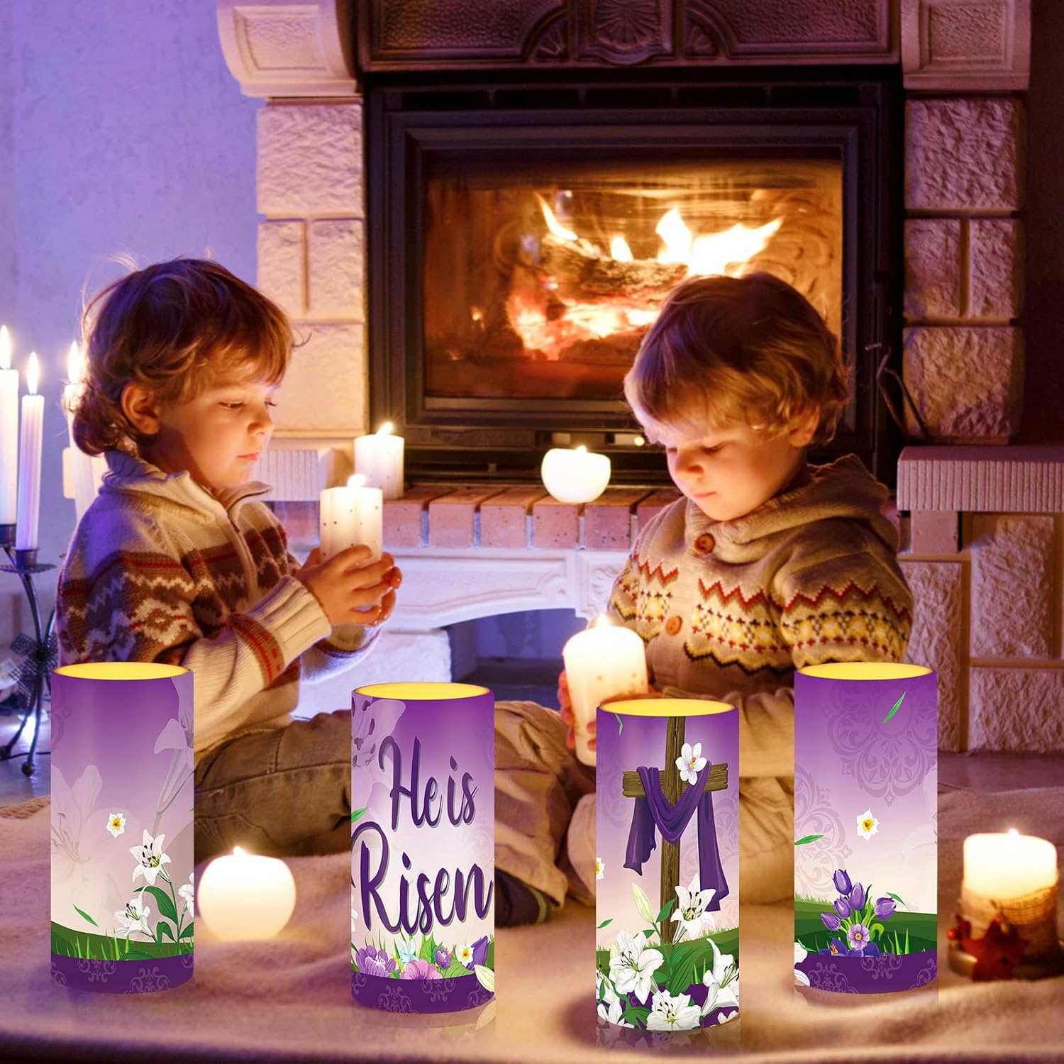 Tiamon Easter Scene Candles LED Flameless Candles Battery Operated LED Warm Light Flickering Pillar for Xmas Holiday Table Decorations (Bright)
