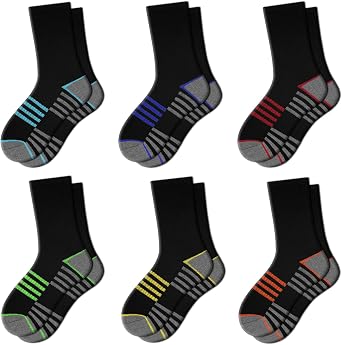 Comfoex Boys Crew Socks For Kids 4-10 Years Old Athletic Long Socks With Cushioned Sole 6 Pairs
