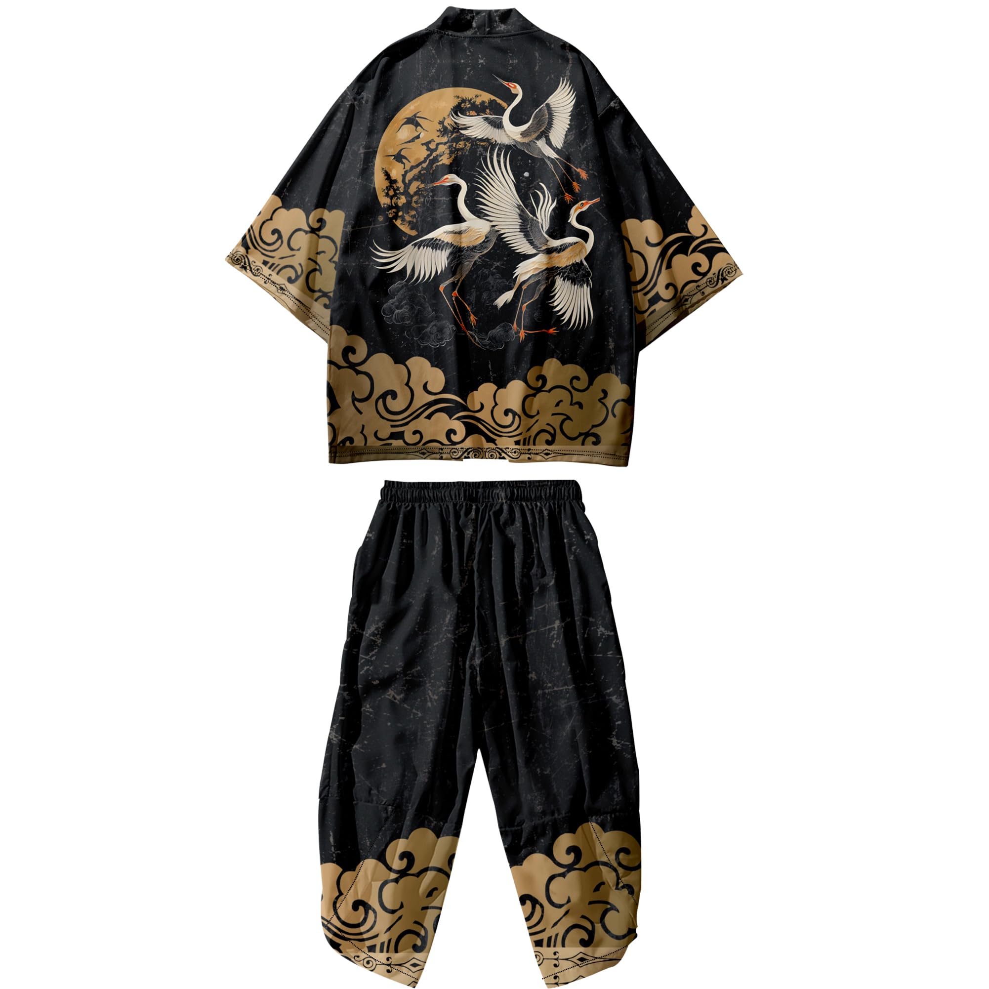 DOSLAVIDA Men's Japanese Kimono Cardigan Suit Chinese Style Printed Jacket Pants Set Open Front Seven Sleeve Top &amp; Shorts
