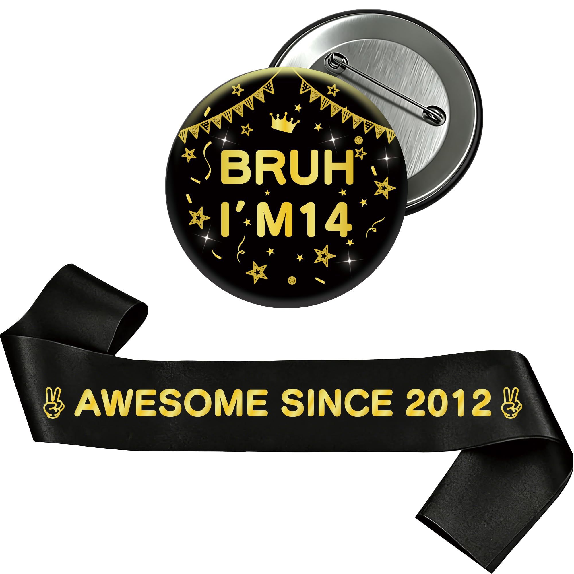 Yiiyyuuko 14th Birthday Decorations Badge Sash - Black Gold Vintage Awesome Since 2012 Sash and Badge Accessory Gift for Boys Girls 14 Year Old Retro Theme Happy Birthday Party Supplies