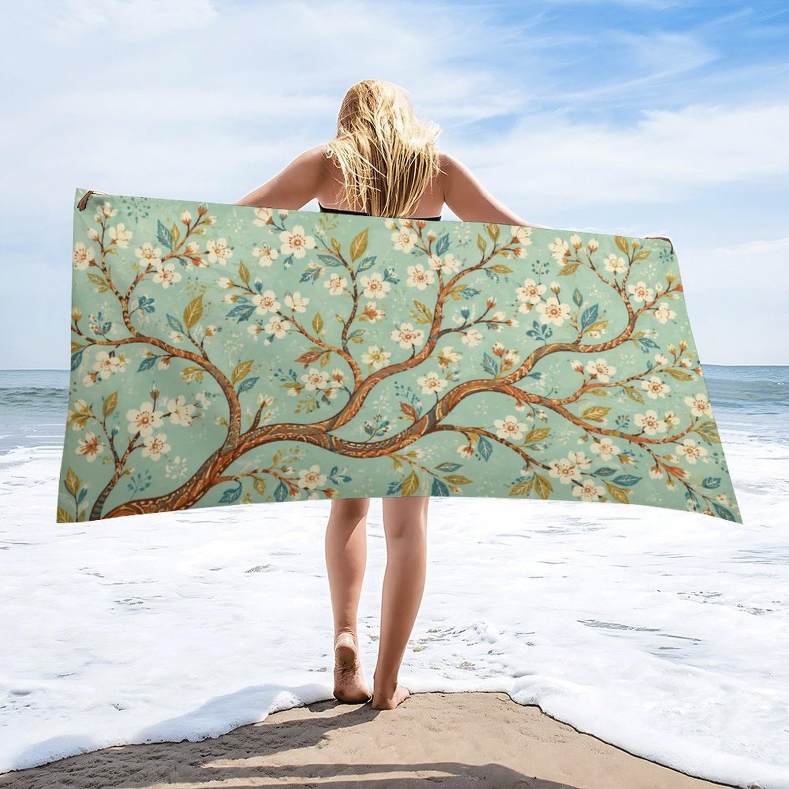 Anceky Floral Tree Branch Beach Towel 32"×63",Soft Microfiber Bath Towel Shawl, Quick Dry Absorbent Pool Spa Gym Shower Towel