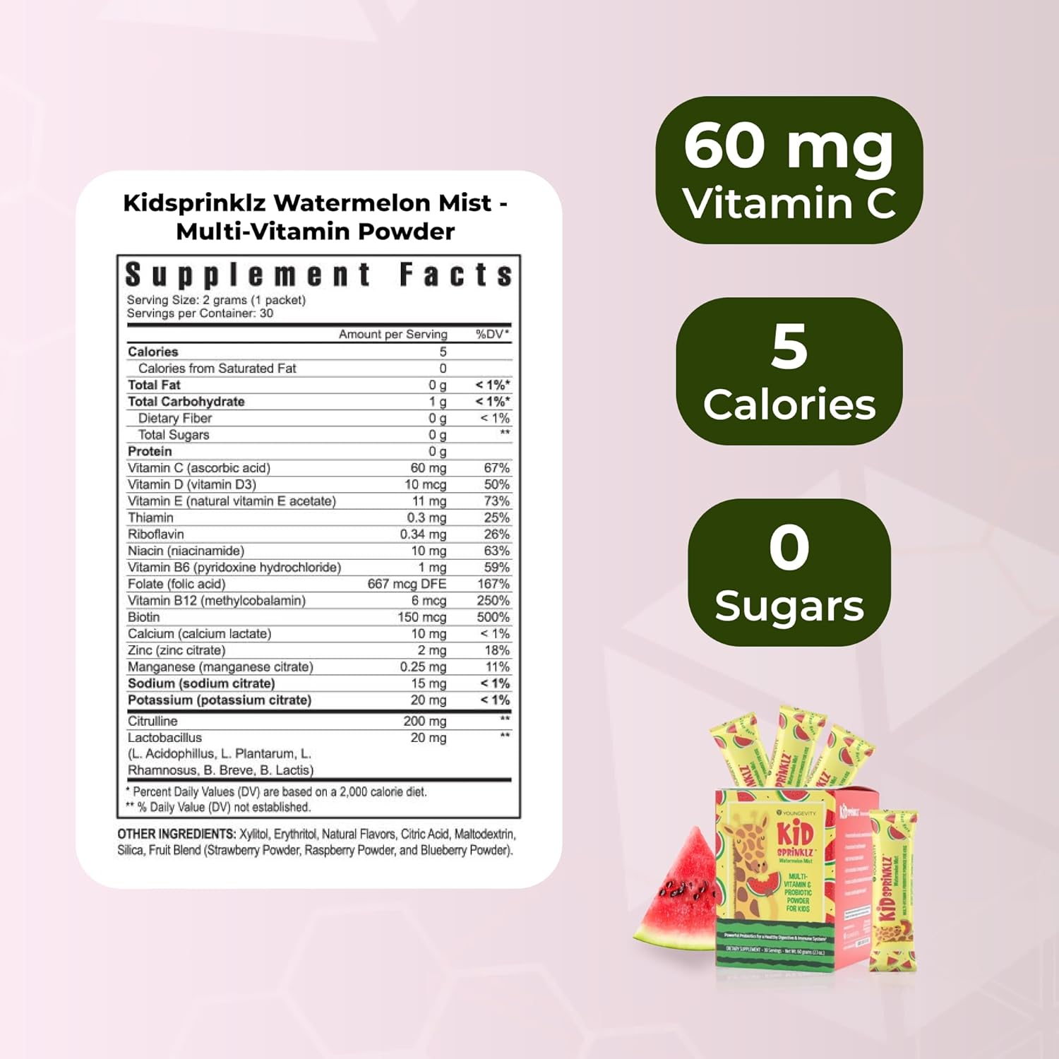 Youngevity Kidsprinklz Watermelon Mist Multi-vitamin Powder - Kids Multivitamin & Toddler Multivitamin - Vitamins, Minerals, & Probiotics - 30 Servings