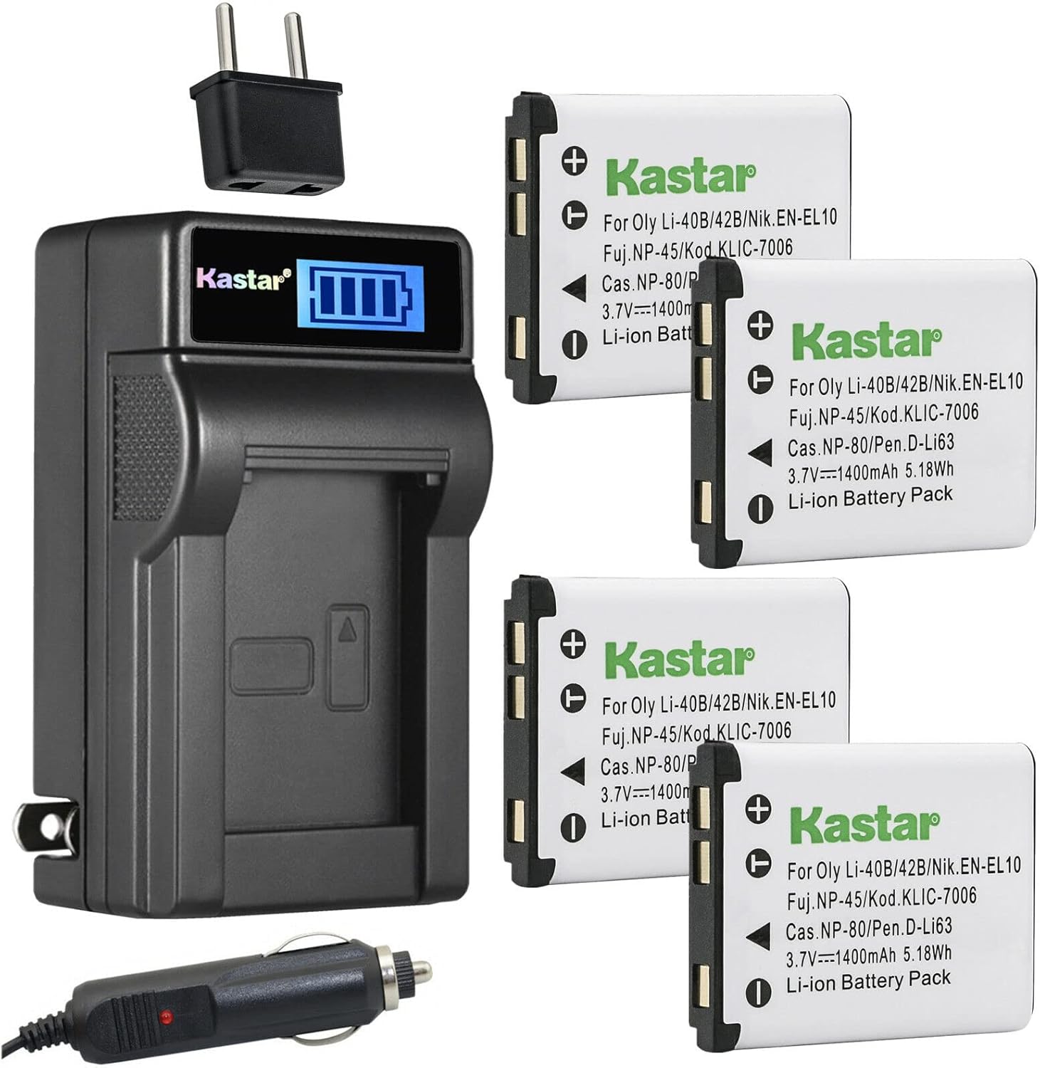 Kastar 4-Pack Li-42B Battery and LCD AC Charger Compatible with Olympus FE-290 FE-300 FE-320 FE-330 FE-340 FE-350 FE-360 FE-3000 FE-3010 FE-4000 FE-4010 FE-4030 FE-4050 FE-5000 FE-5010 FE-5020 Camera