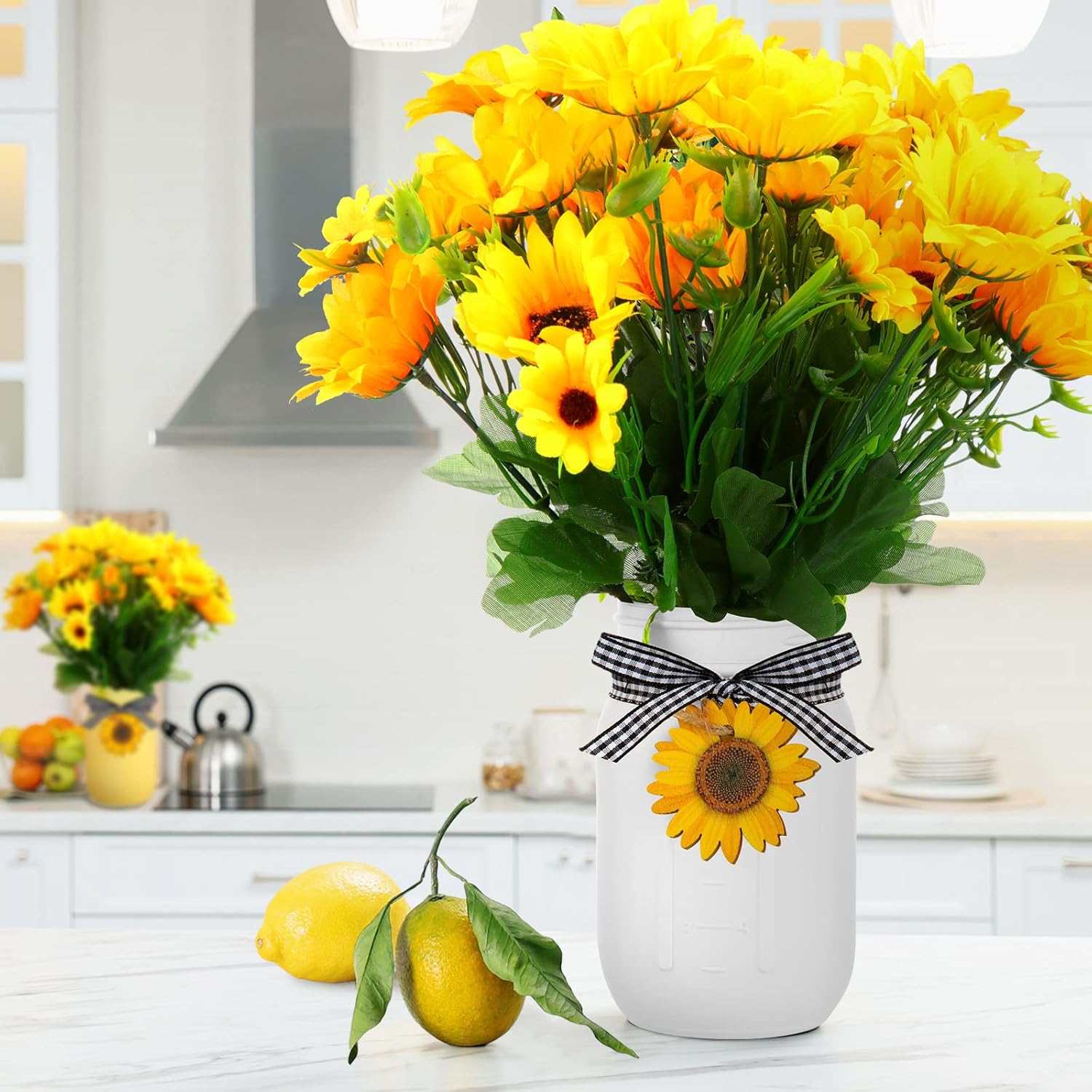 Lyrow 6 Pack Mason Jar Table Centerpiece Faux Christmas Berry Sunflower Lemon and Bell Kitchen Spring Summer Winter Farmhouse Decoration for Home Kitchen Tiered Tray Decoration(Sunflower Style)