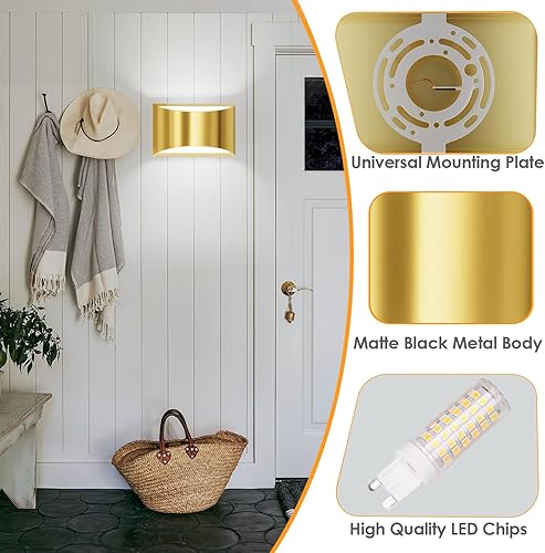 Miniatura 9 de FAISHILAN Paquete de 2 apliques de pared de aluminio dorado cepillado para interiores  Modernas luces LED de pared cableadas arriba y abajo,