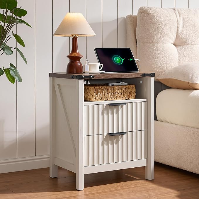 BuildHom 20 Inch Nightstand with Charging Station, Farmhouse Bedside Table