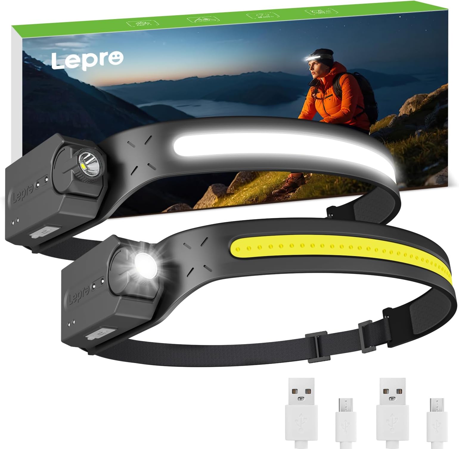 Headlamp Rechargeable 2-Pack, Super Bright Motion Sensor Headlight with 230° Wide Beam, Adjustable Spotlight, Motion Sensor, 5 Modes, Waterproof Lightweight Lampe Frontale for Camping Running
