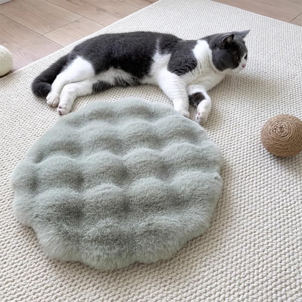 Self Warming Cat Bed Mat, Round Faux Fur Pet Cushion Pad, Non-slip Washable Thermal Blanket For Indoor Cats Kittens Puppies, 30cm Green 19.7in Round