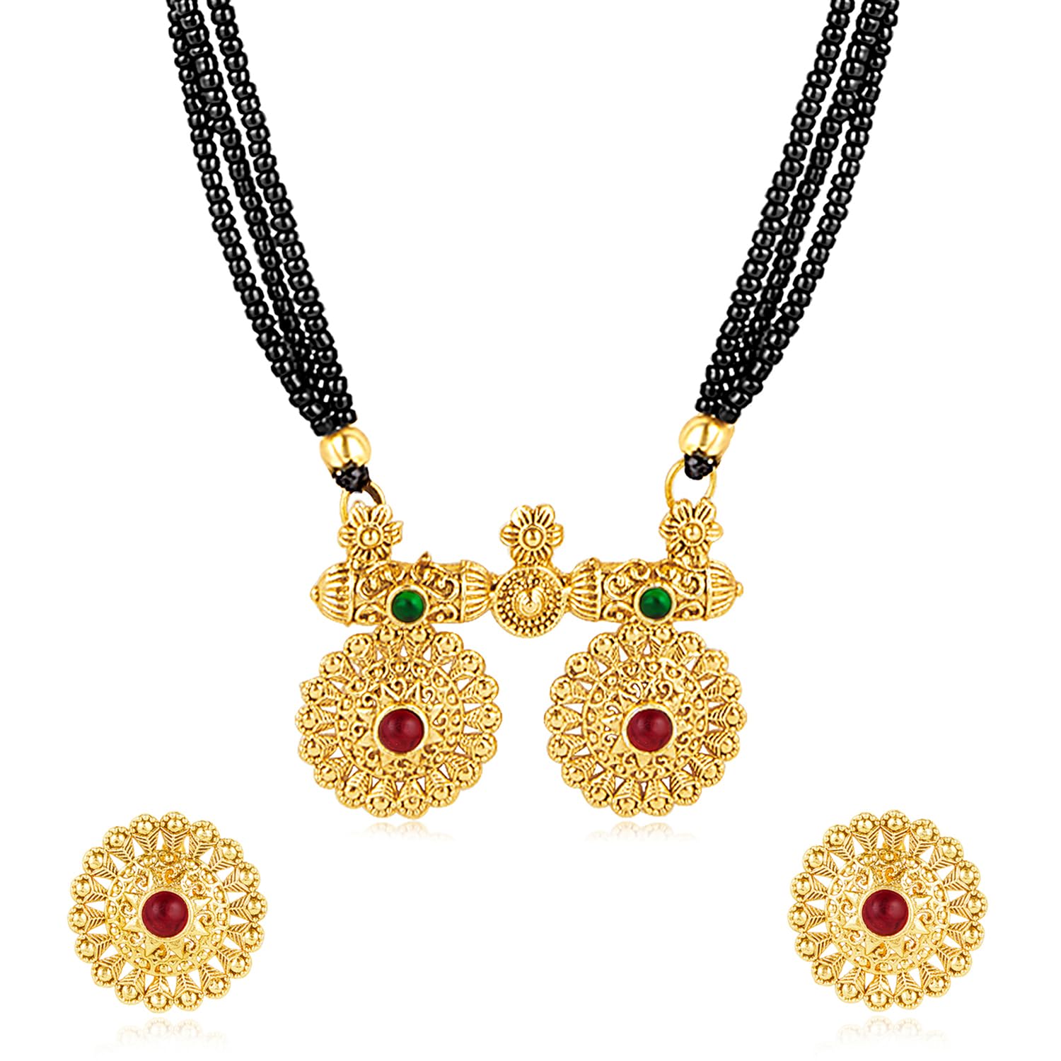 Peora Gold Plated Rani Pink Green Synthetic Stone Studded Mangalsutra Necklace with Round Stud Earrings Traditional Jewellery Set for Women (B0D7CV79C7) Amazon Price History, Amazon Price Tracker