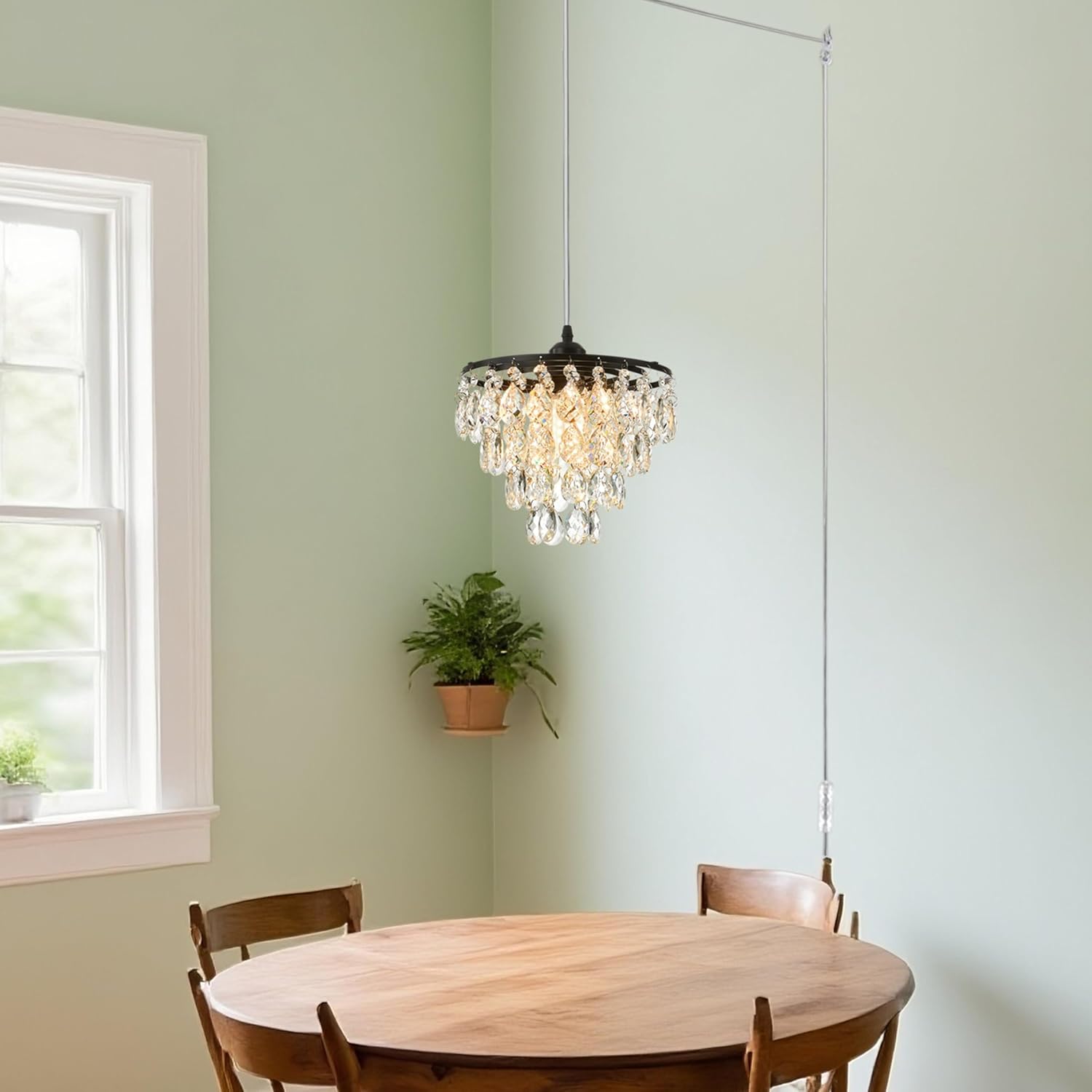 Mini Crystal Chandelier Modern Crysal Flush Mount Ceiling Light for Bedroom Closet Hallway with E26 Base Small Pendant Light (Black-Plug in Pendant)
