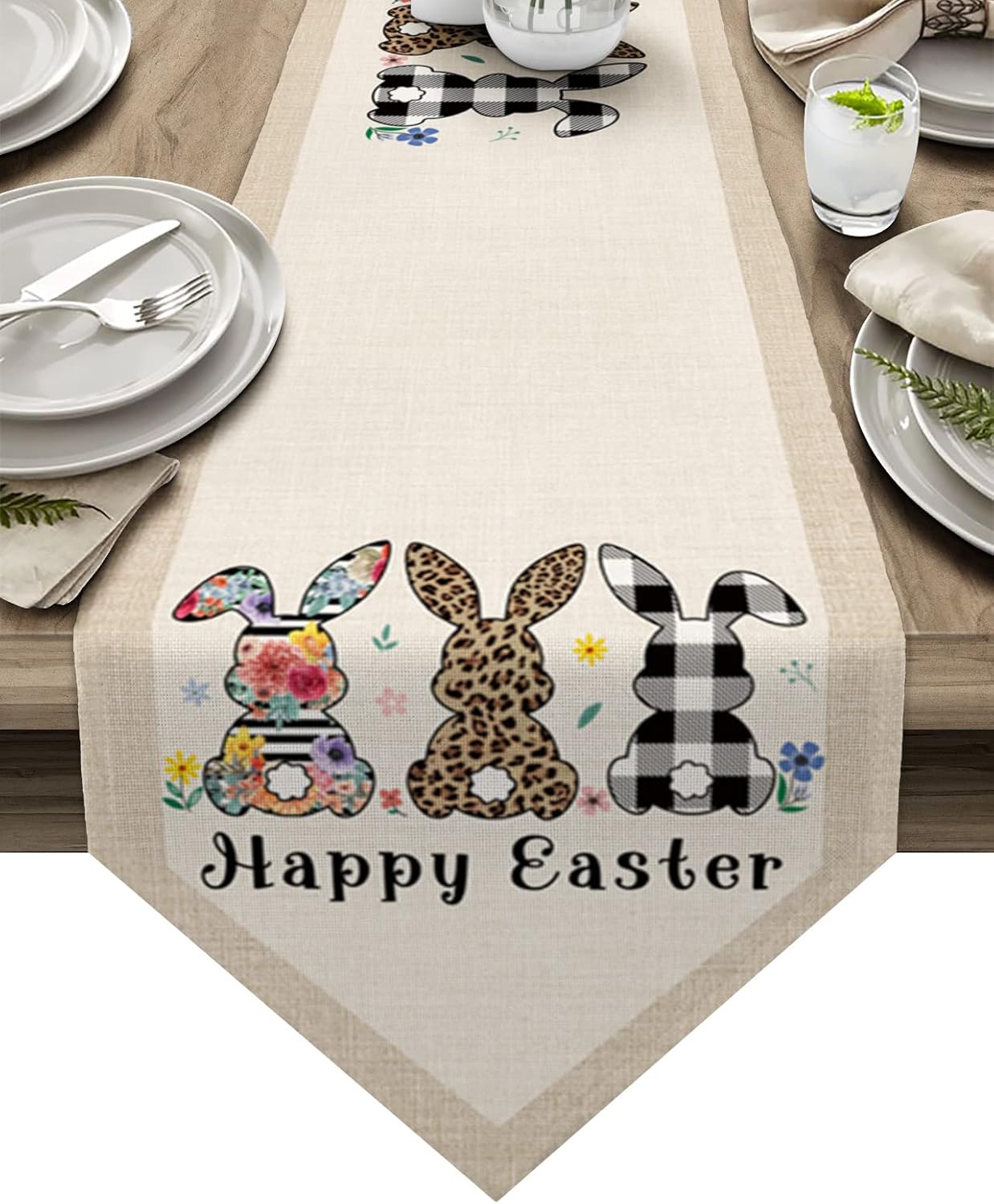 Z&L Home Cotton Linen Table Runner Easter Rabbit Flower Leopard and Plaid Bunny Dresser Scarves Farmhouse Retro Burlap Runners Kitchen Table Cover for Spring Holiday Party Tables Decor 13x70in