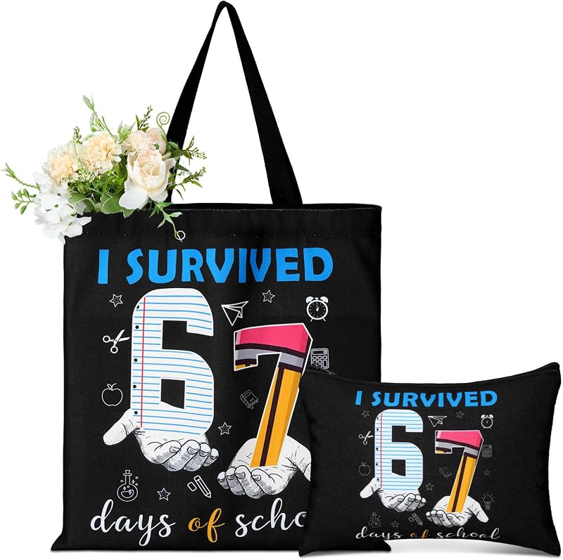Paterr Bolsa tote de lona com nécessaire de maquiagem e estampa "I SURVIVED 67 day"